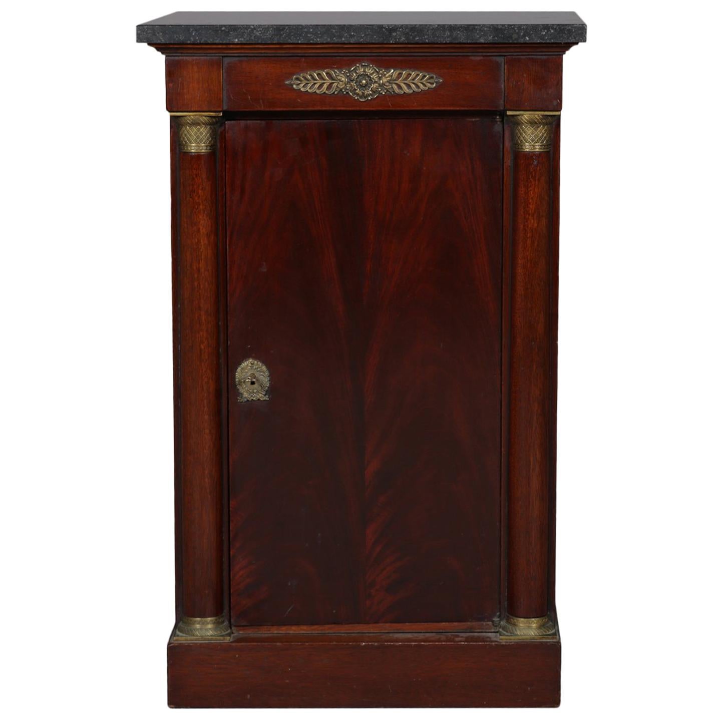 Antique French Empire Mahogany & Bronze Marble Top Side Cabinet, 20th Century