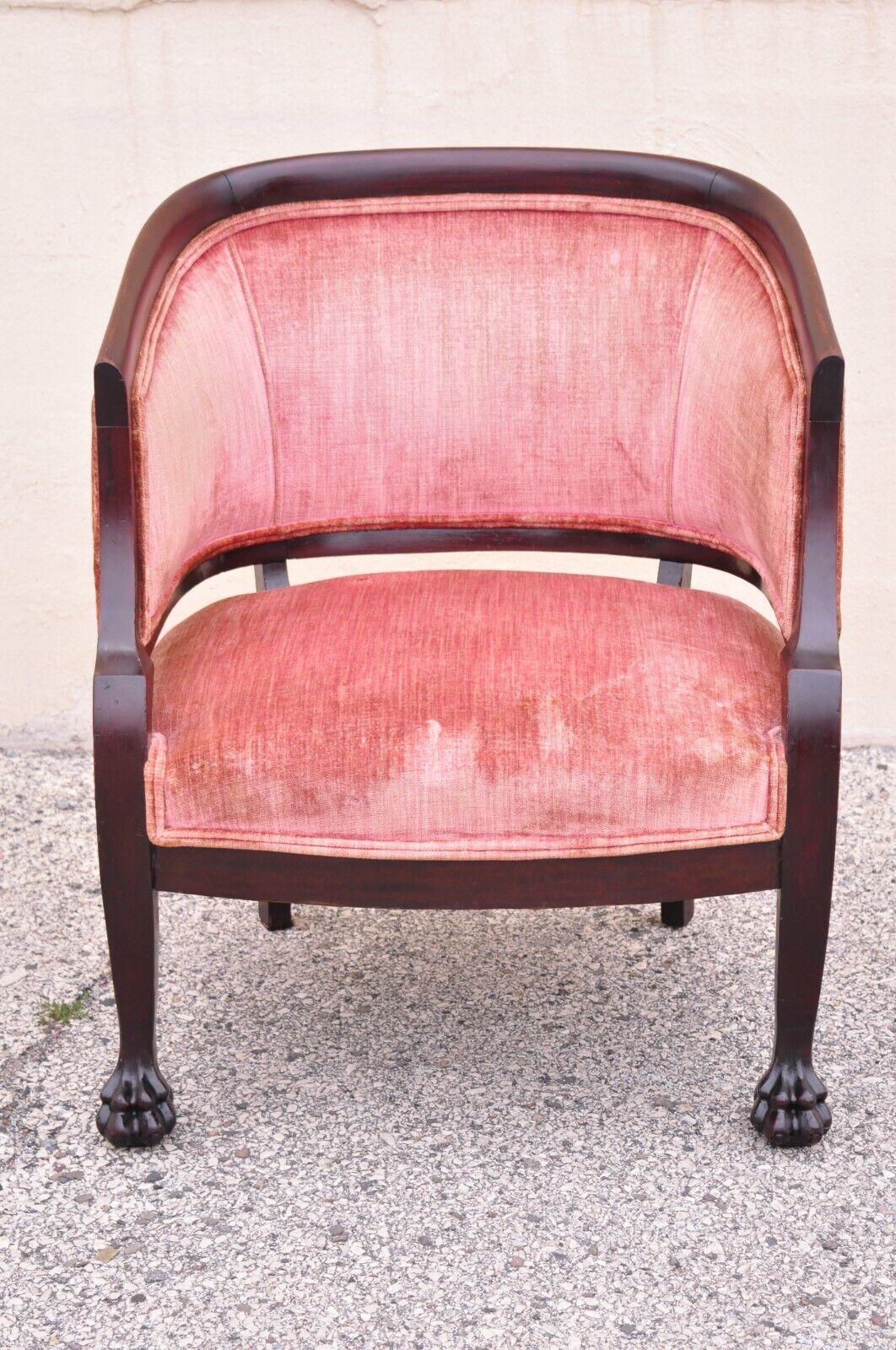  Antique French Empire Mahogany Carved Paw Feet Pink Parlor Arm Chair.
Item features carved paw feet, barrel back, pink upholstery, solid mahogany wood construction, very nice antique item, great style and form. Circa Early 1900s. Measurements: 32