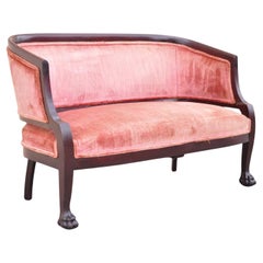 Antique French Empire Mahogany Carved Paw Feet Pink Parlor Settee Loveseat Sofa