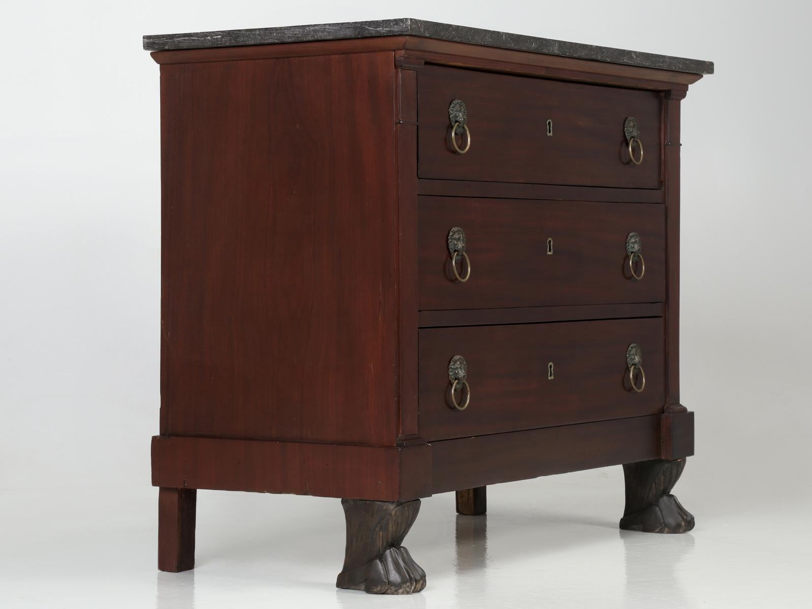 Hand-Carved Antique French Empire Mahogany Commode with Lion Paw Feet, Marble Top, Restored