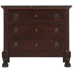Antique French Empire Mahogany Commode with Lion Paw Feet, Marble Top, Restored