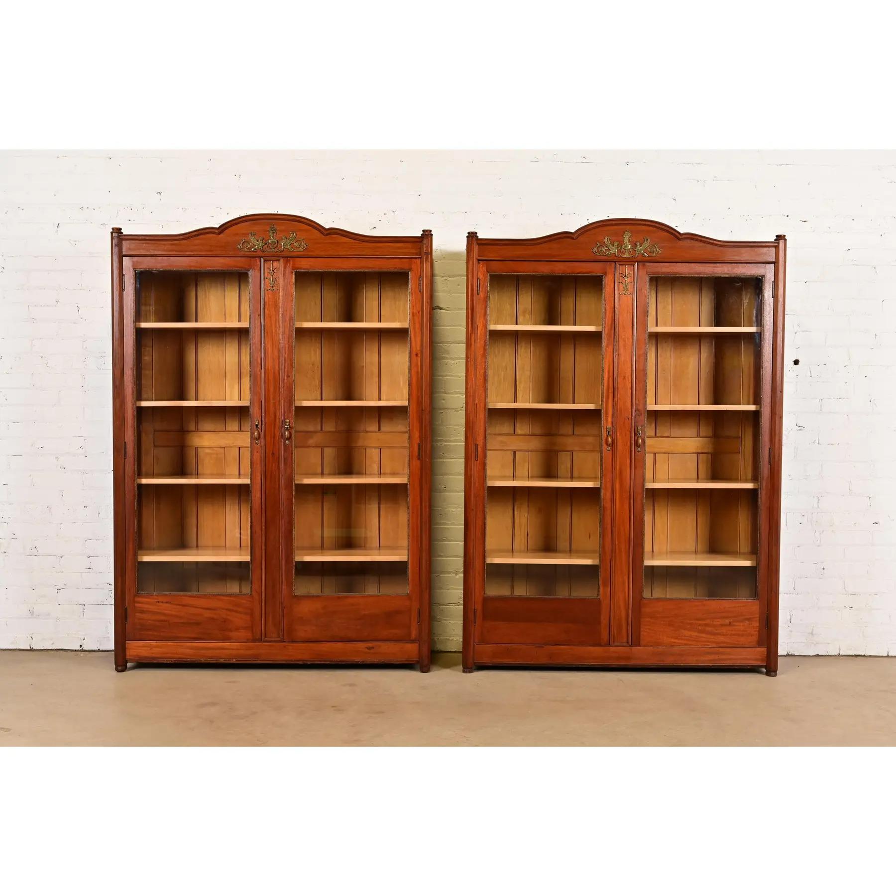 Antique French Empire Mahogany Double Bookcase With Mounted Ormolu, Circa 1890s For Sale 8