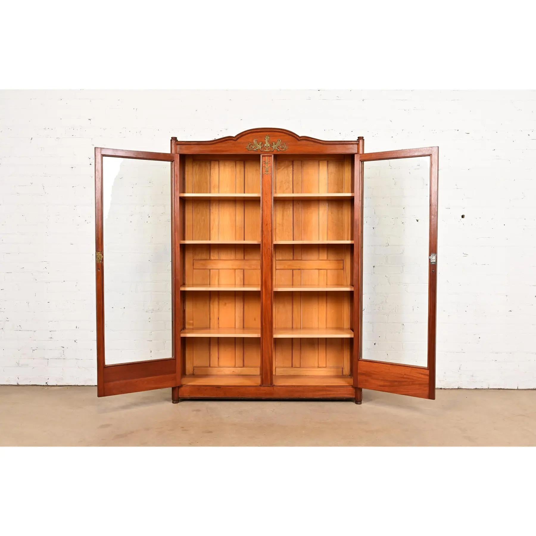 Bronze Antique French Empire Mahogany Double Bookcase With Mounted Ormolu, Circa 1890s For Sale