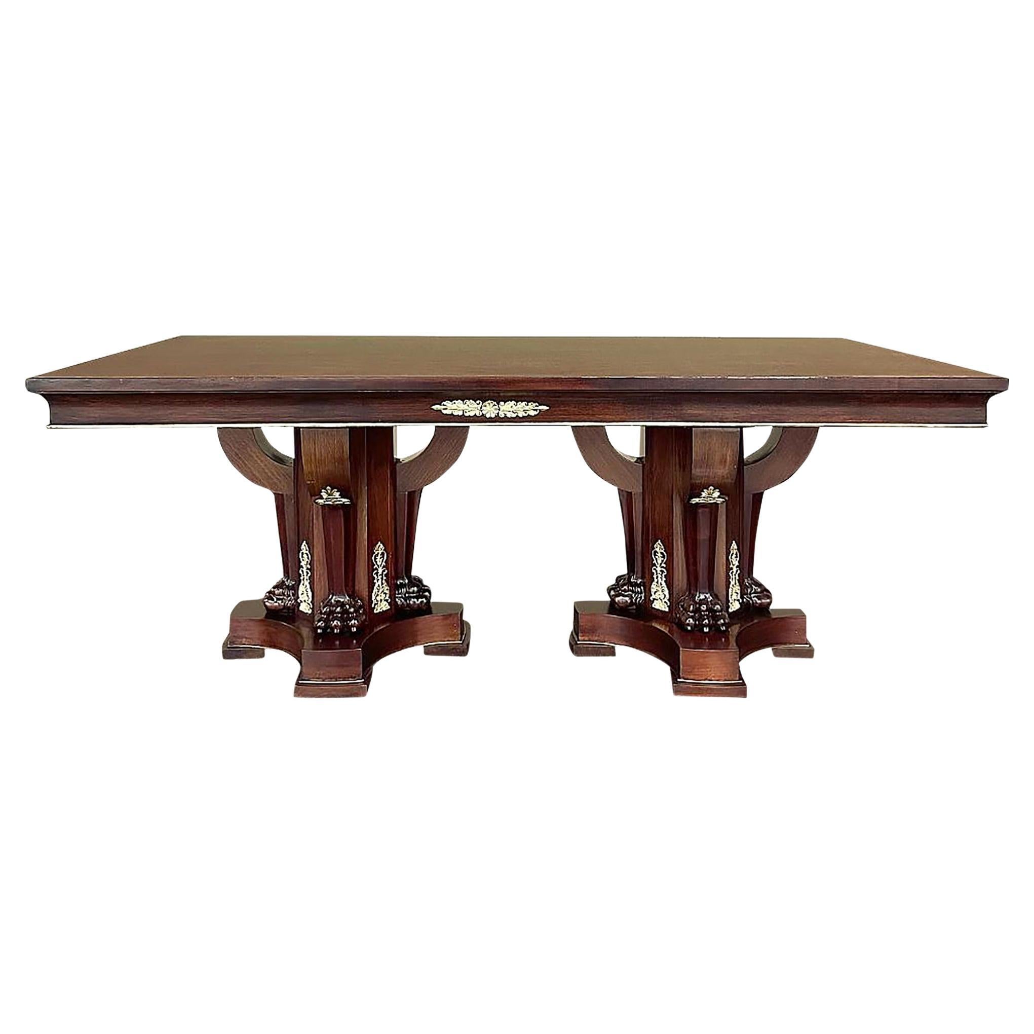 Antiker französischer Empire-Mahagoni-Esstisch mit doppeltem Sockel ~ Konferenztisch