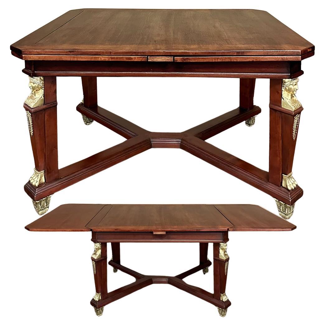 Antique French Empire Mahogany Draw Leaf Dining Table with Bronze Mounts