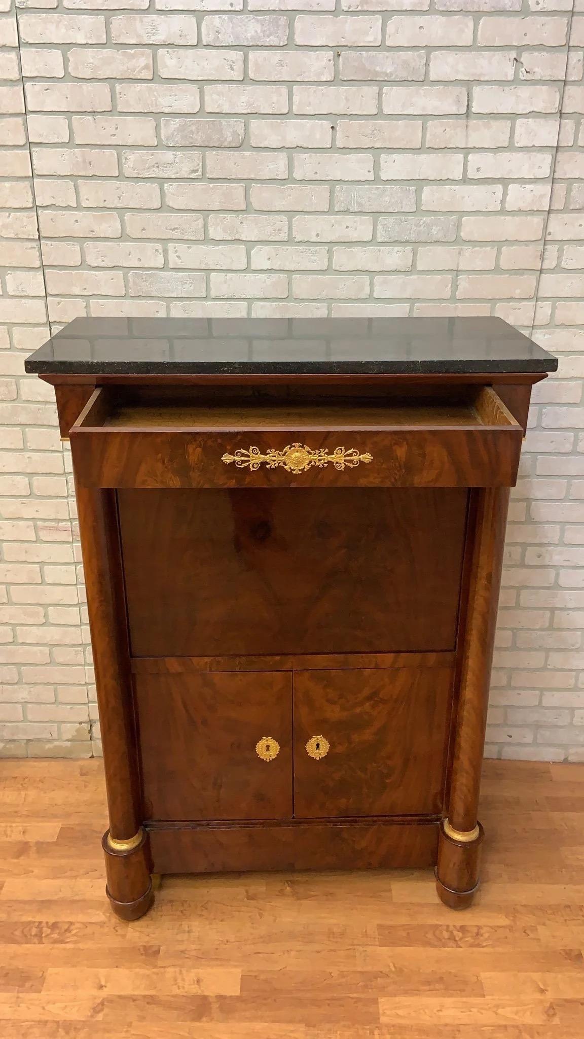 Antique French Empire Mahogany Gilt-Bronze Mounted Marble-Top Abattant Secretary In Good Condition For Sale In Chicago, IL