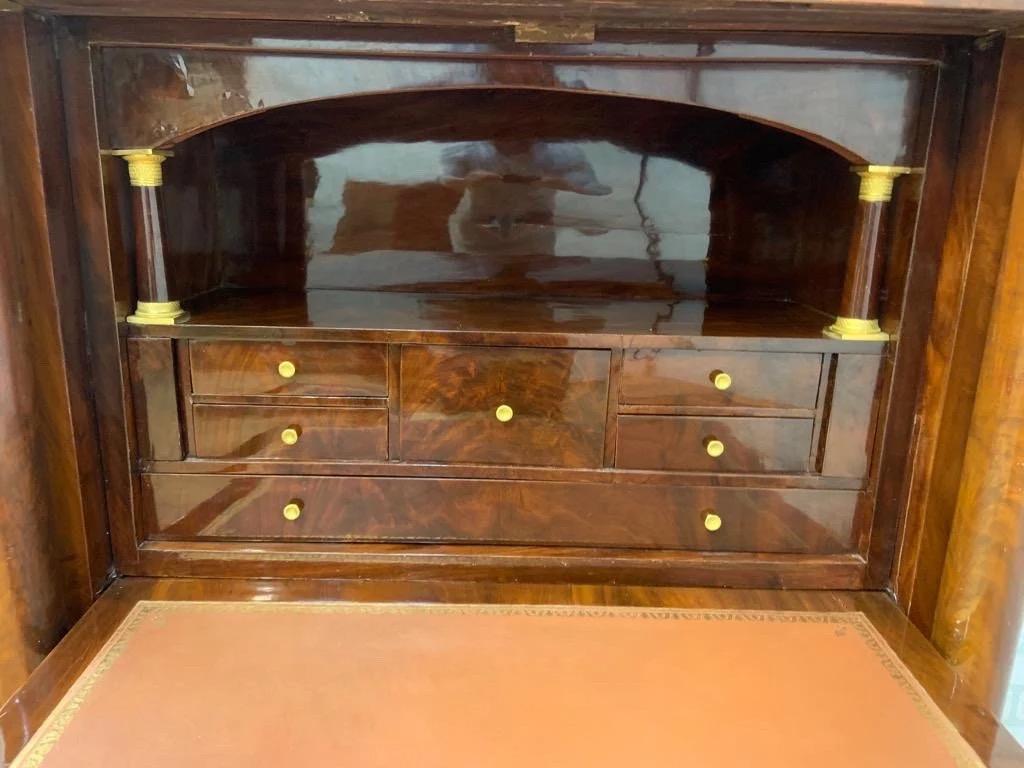 Brass Antique French Empire Mahogany Gilt-Bronze Mounted Marble-Top Abattant Secretary For Sale
