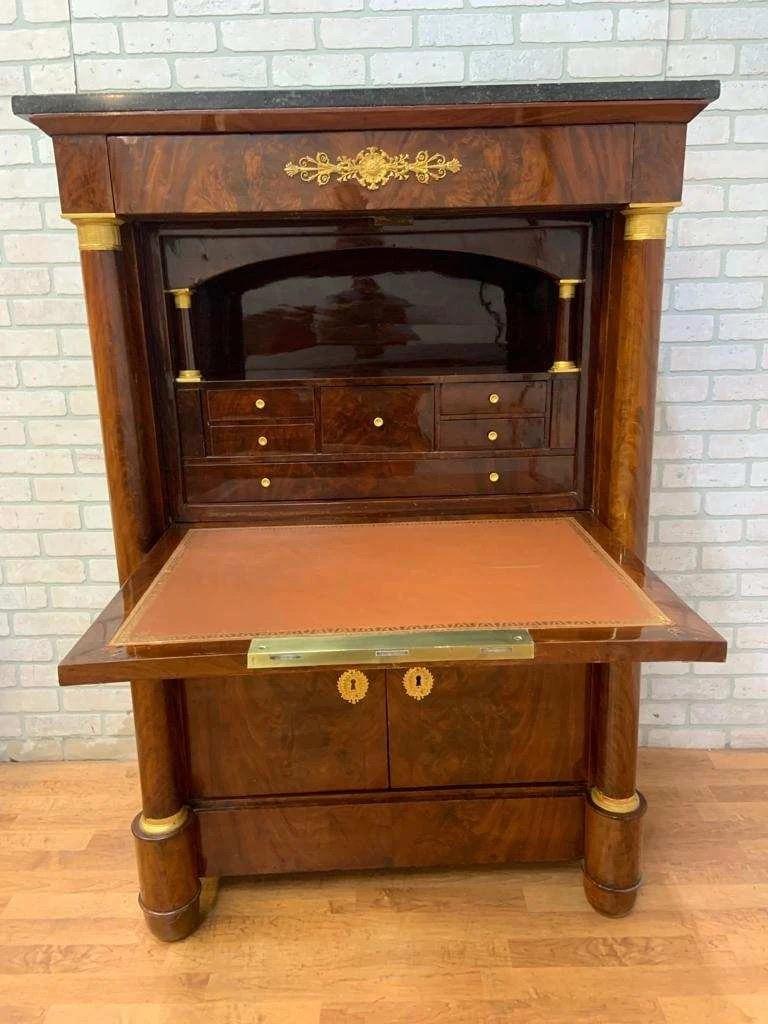Antique French Empire Mahogany Gilt-Bronze Mounted Marble-Top Abattant Secretary For Sale 3
