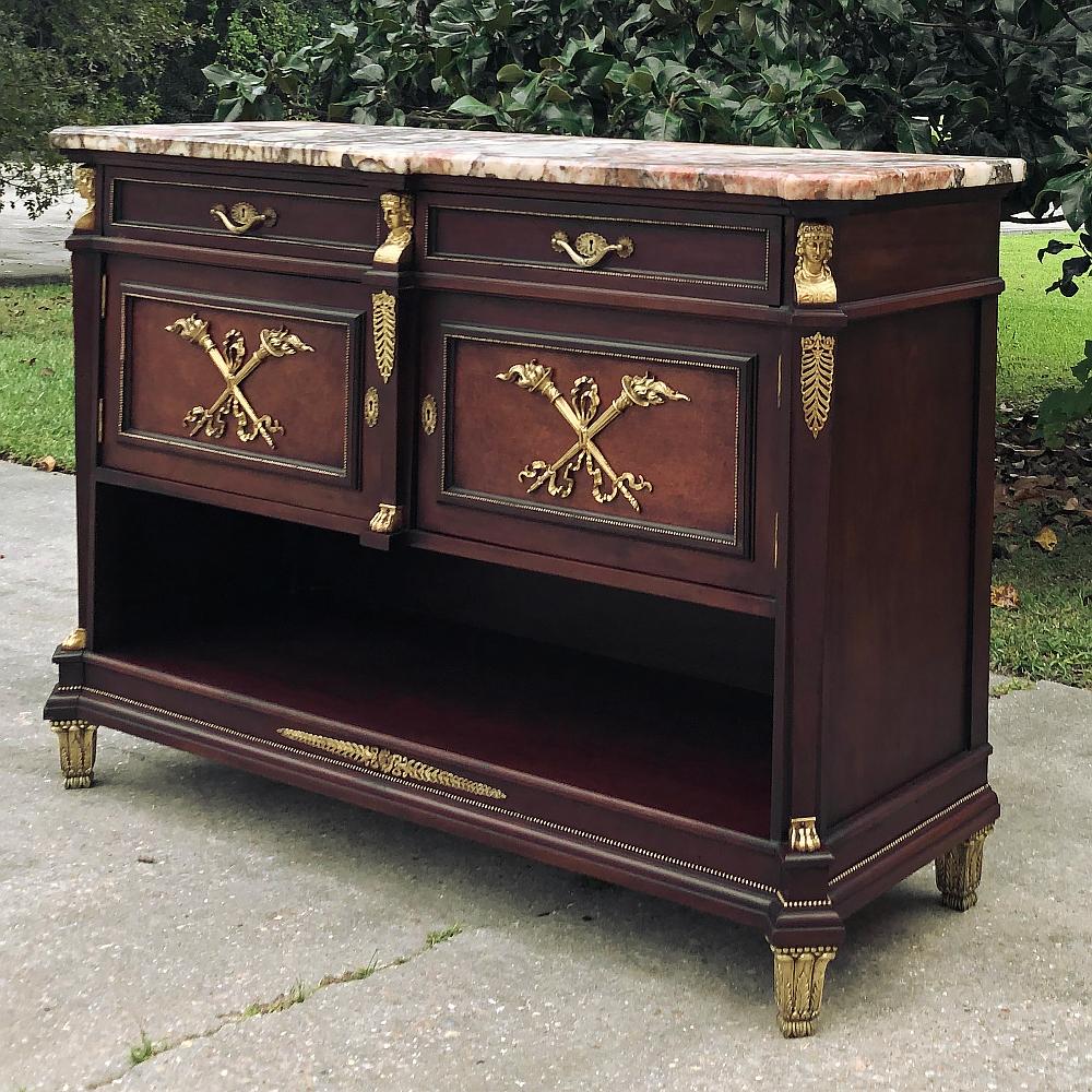 Hand-Crafted Antique French Empire Mahogany Marble Top Buffet with Bronze For Sale