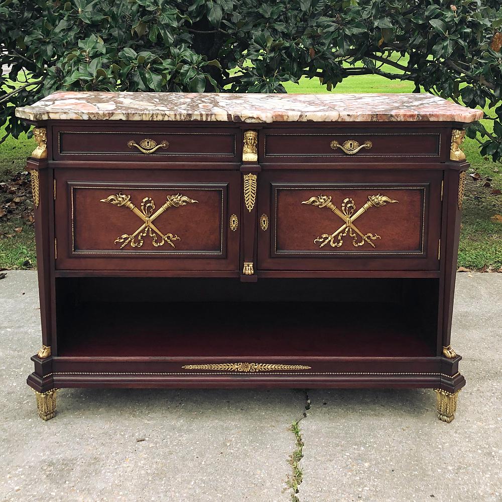 Antique French Empire Mahogany Marble Top Buffet with Bronze In Good Condition For Sale In Dallas, TX