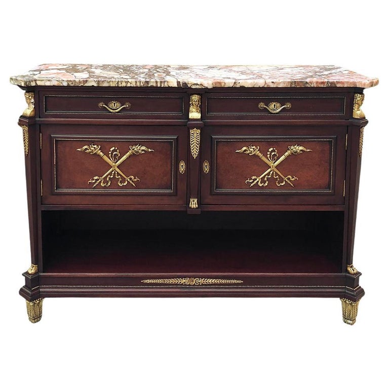 Buffet Ancien Style Empire – Acajou Et Marbre – 2 étagères – Dimensions 100x41x85 Cm