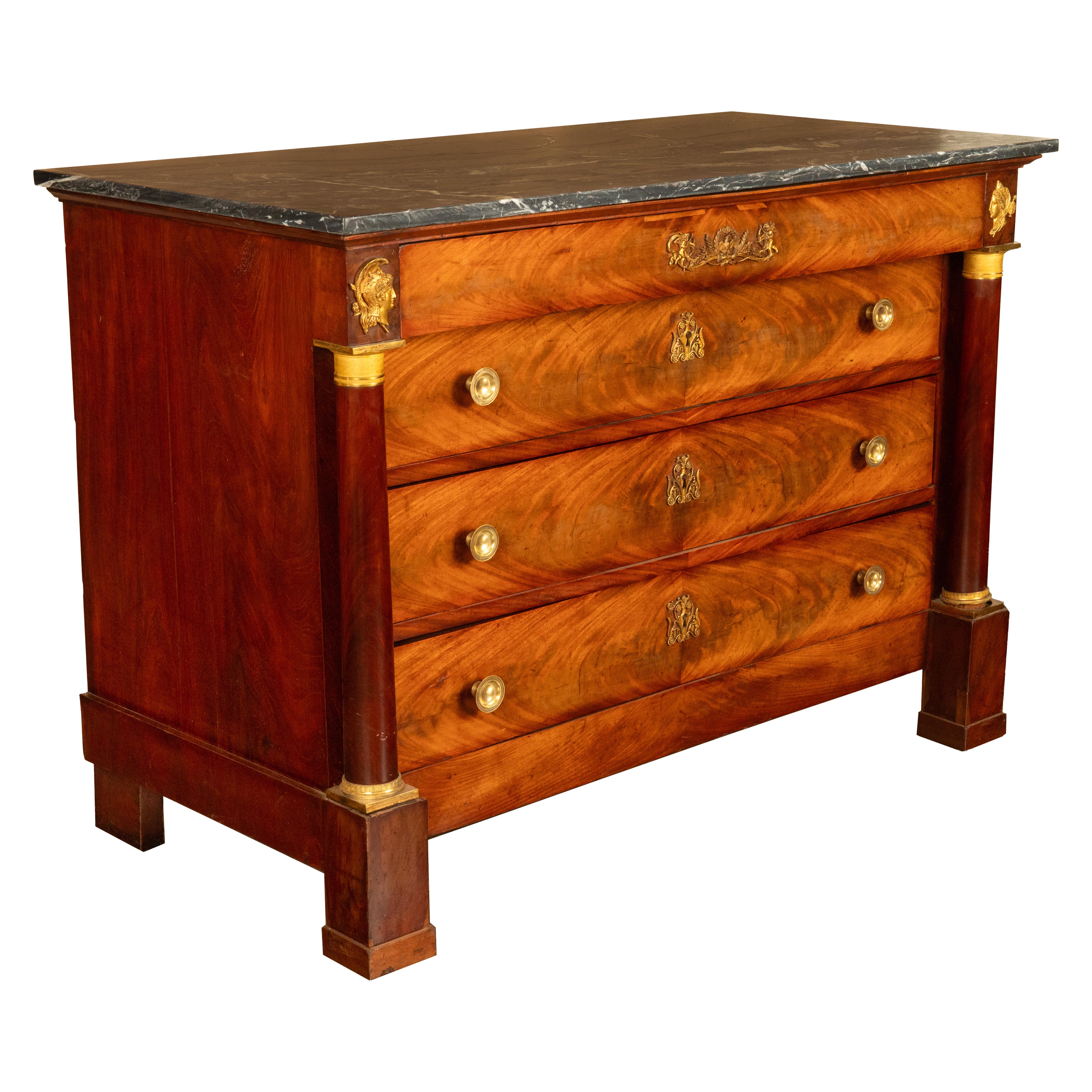 Antique French Empire Mahogany Marble Top Ormolu Commode Chest of Drawers 1810 in vendita