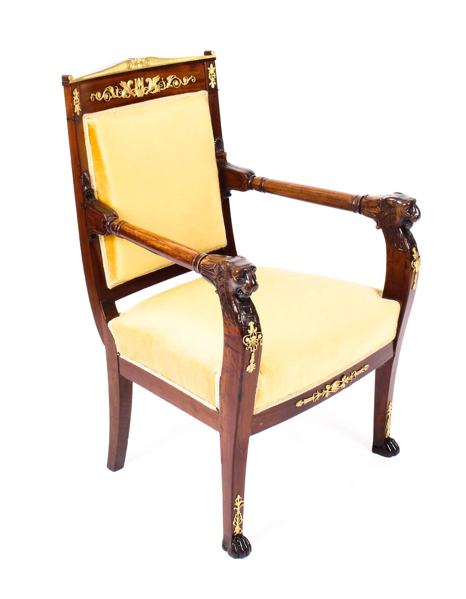 Antique French Empire Mahogany & Ormolu Mounted Armchair, Early 19th Century 13