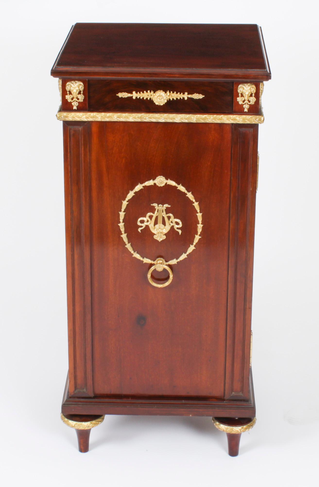 A superb French Empire mahogany and ormolu mounted pedestal cabinet, Circa 1870 in date.
   
THE BOTANICAL NAME FOR THE MAHOGANY THIS PEDESTAL IS MADE OF IS SWIETENIA MACROPHYLLA AND THIS TYPE OF MAHOGANY IS NOT SUBJECT TO CITES REGULATION.
   
The