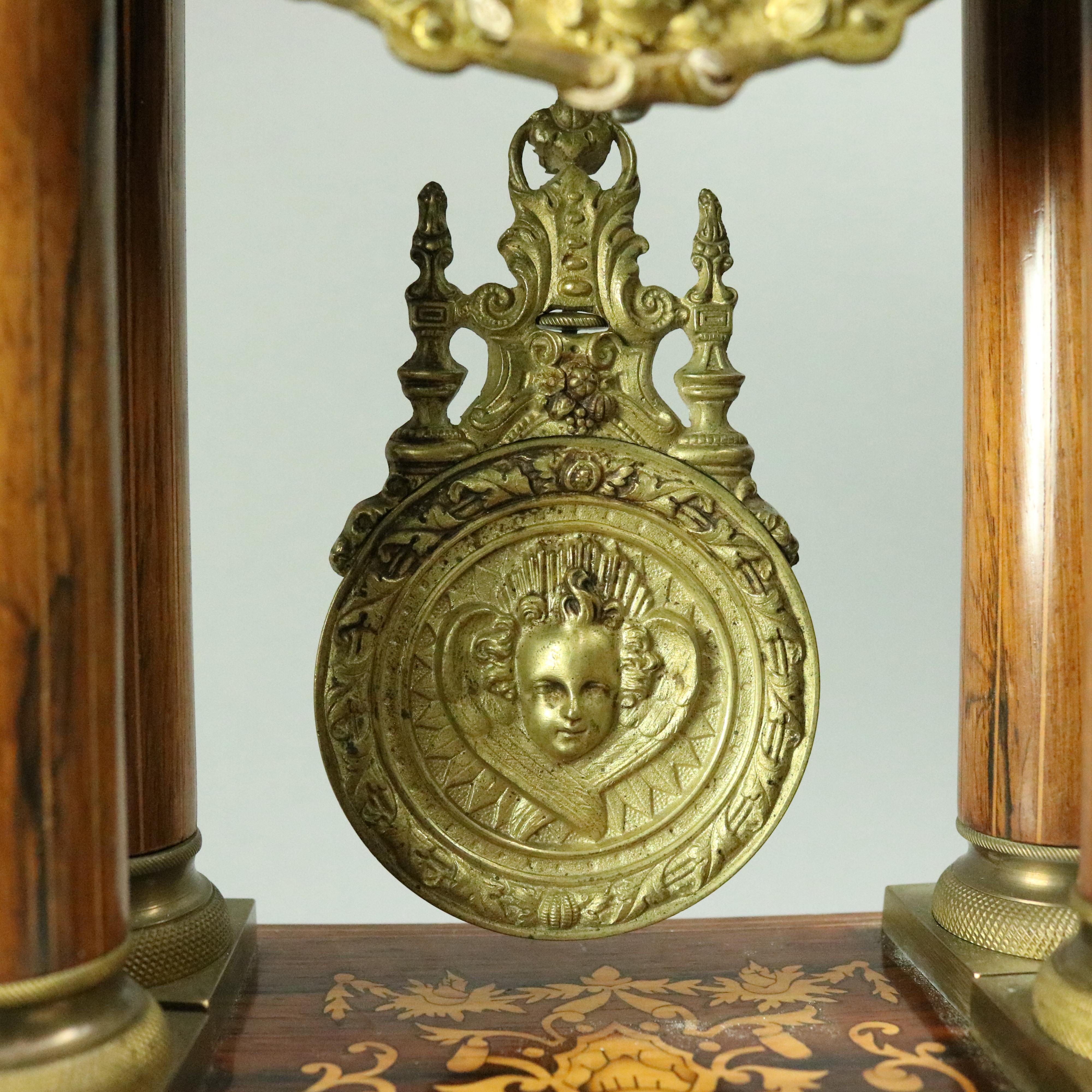 American Empire French Empire Mahogany, Satinwood Marquetry and Bronze Portico Clock, circa 1855