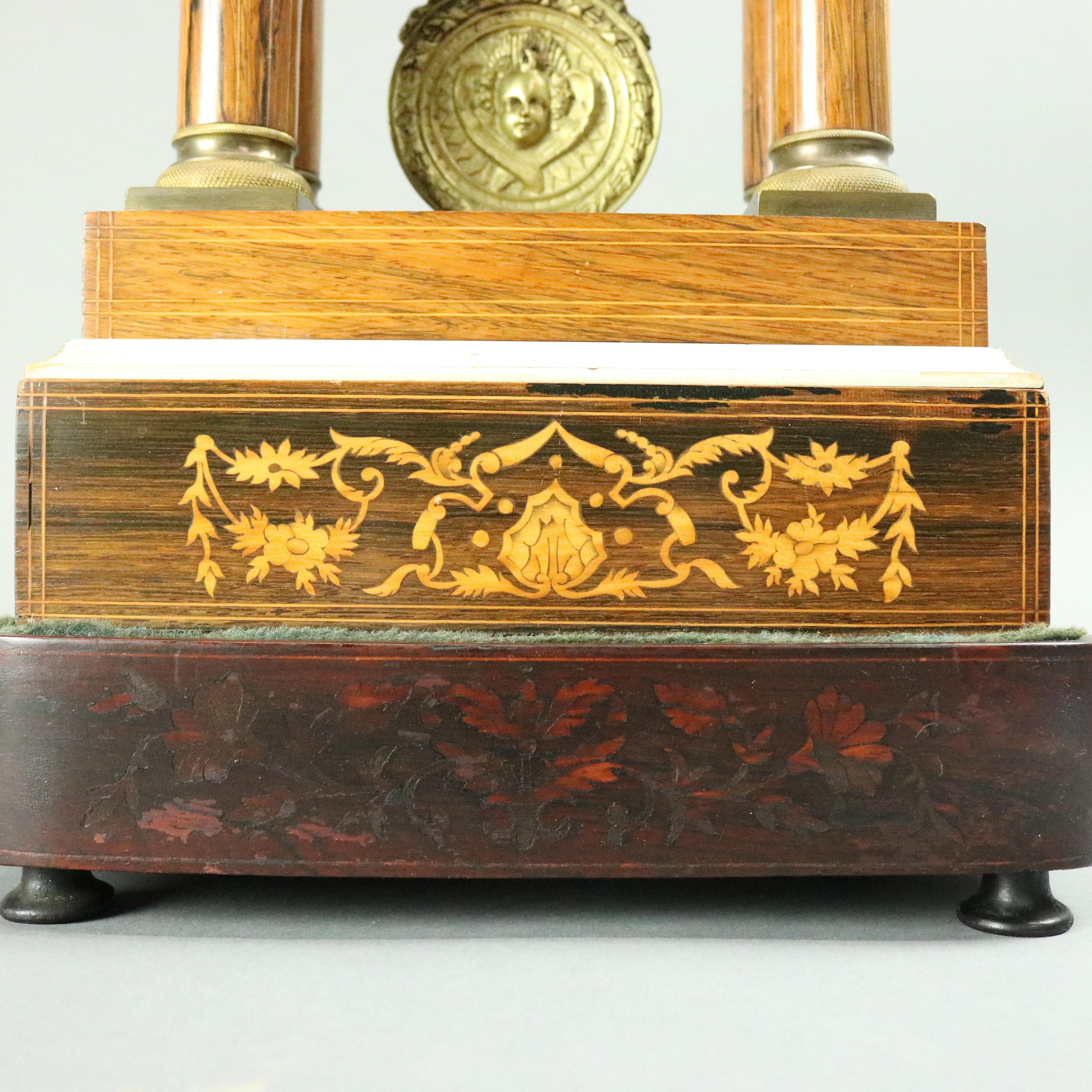 Cast French Empire Mahogany, Satinwood Marquetry and Bronze Portico Clock, circa 1855