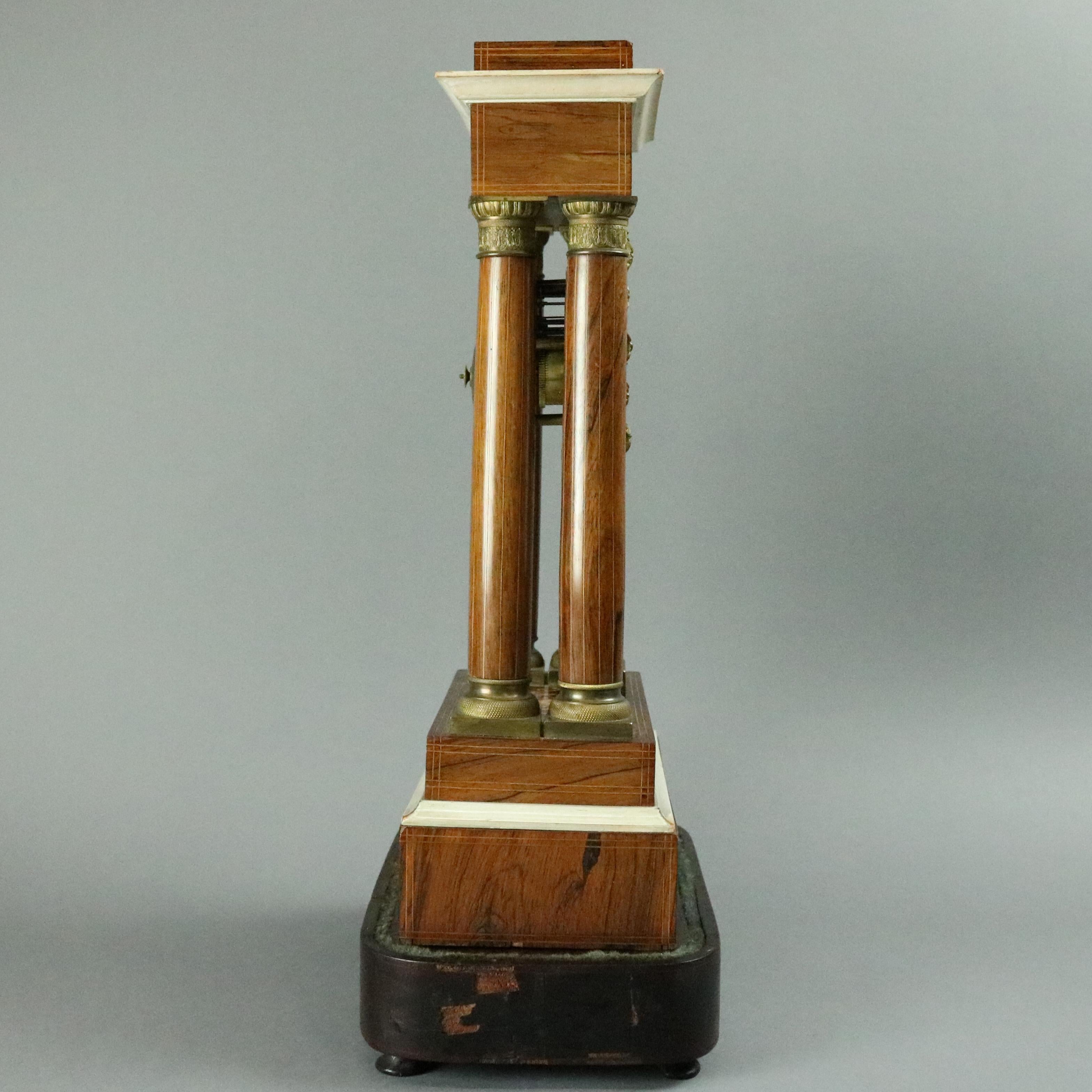 19th Century French Empire Mahogany, Satinwood Marquetry and Bronze Portico Clock, circa 1855