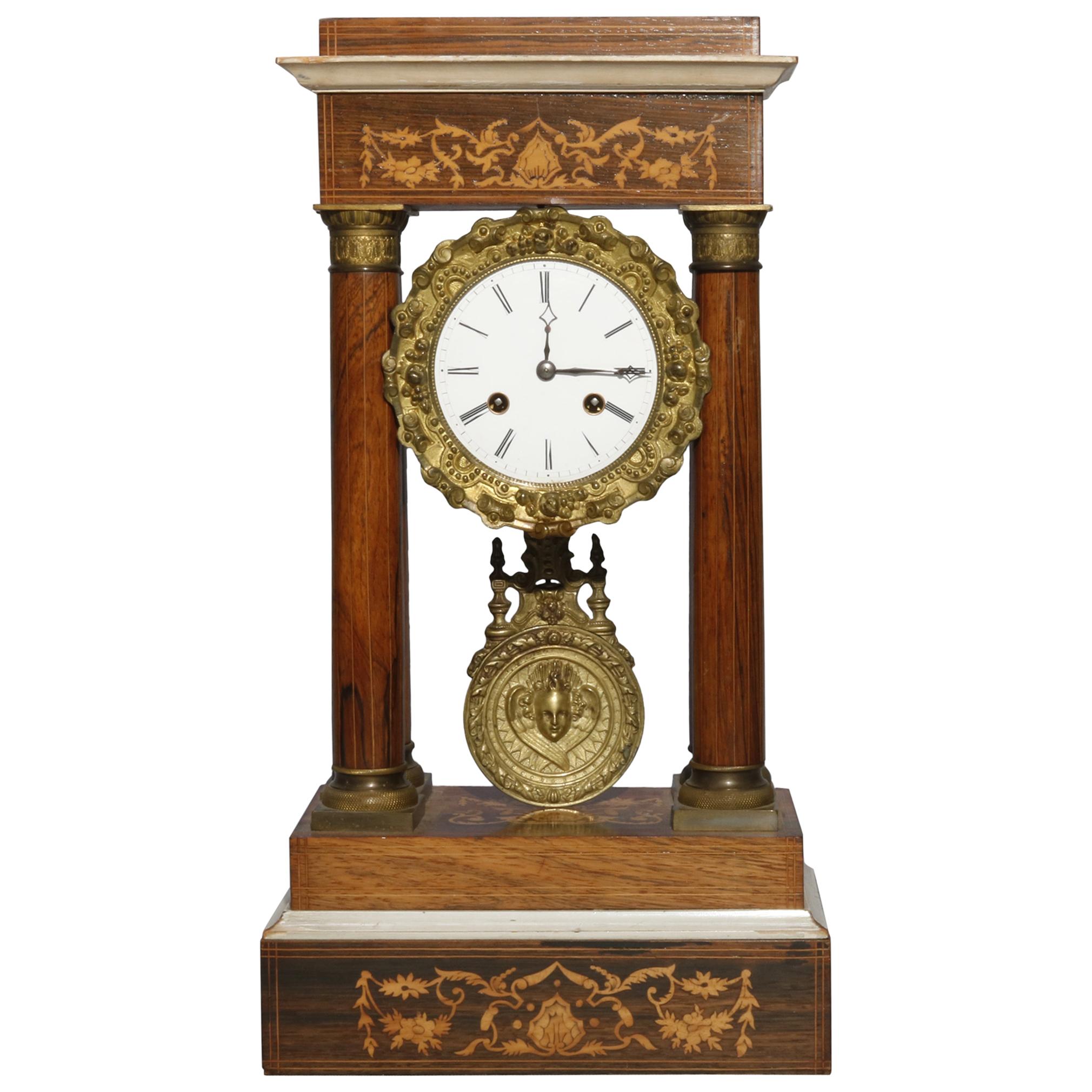 French Empire Mahogany, Satinwood Marquetry and Bronze Portico Clock, circa 1855