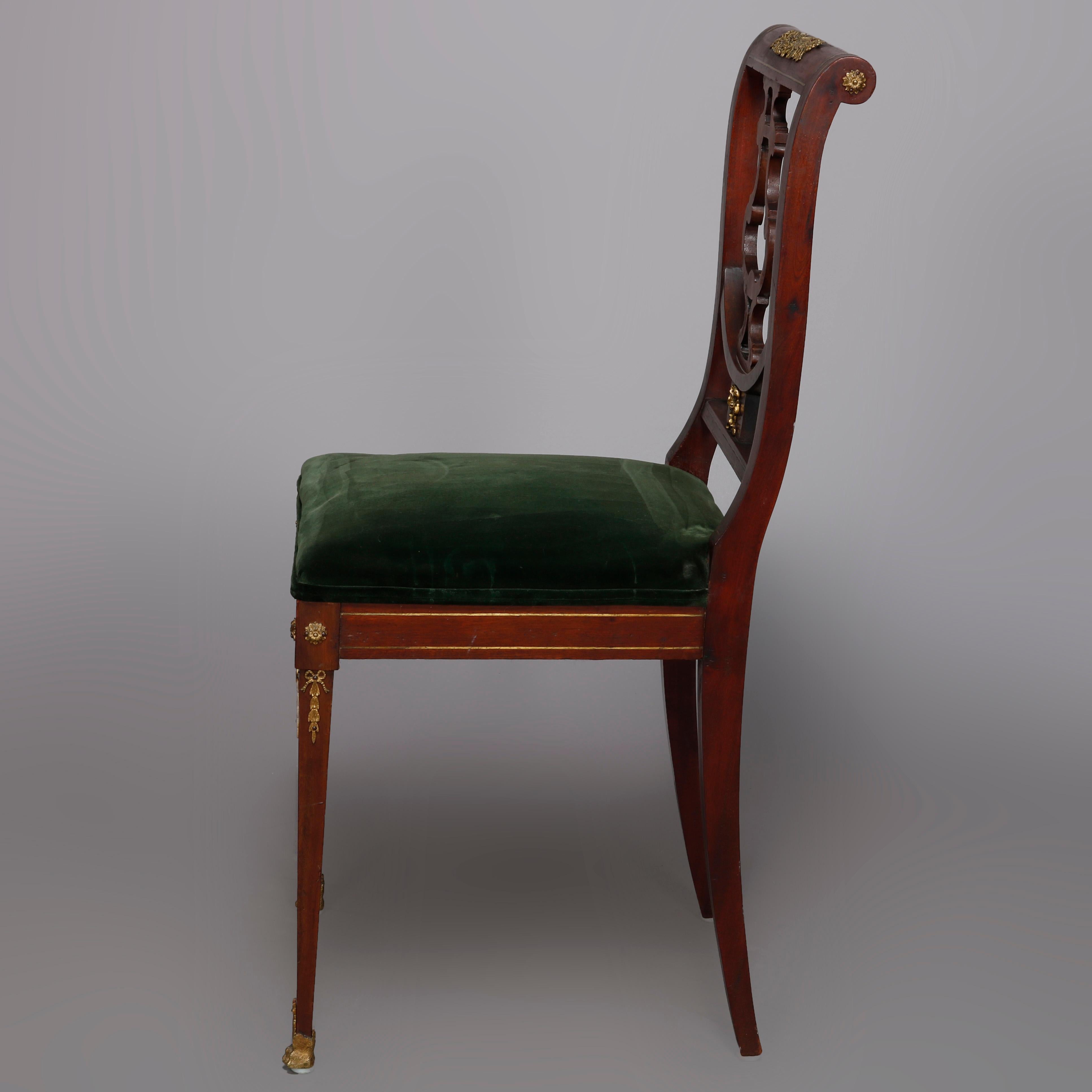 Upholstery Antique French Empire Mahogany Side chair with Ormolu Mounts 19th C For Sale