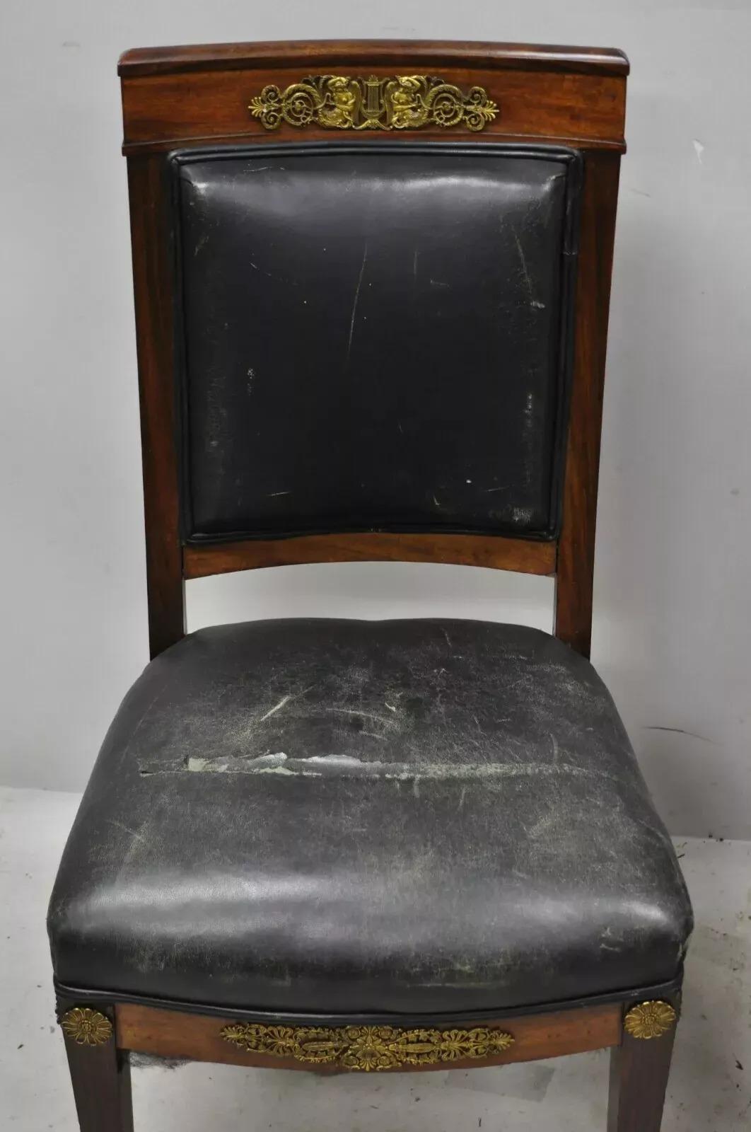 19th Century Antique French Empire Mahogany Side Chairs w/ Neoclassical Bronze Ormolu - Pair For Sale