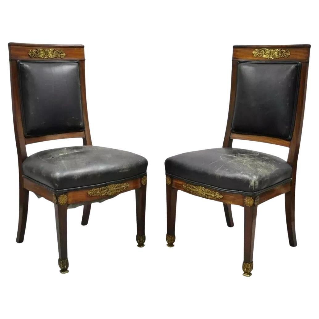 Antique French Empire Mahogany Side Chairs w/ Neoclassical Bronze Ormolu - Pair