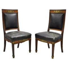 Antique French Empire Mahogany Side Chairs w/ Neoclassical Bronze Ormolu - Pair