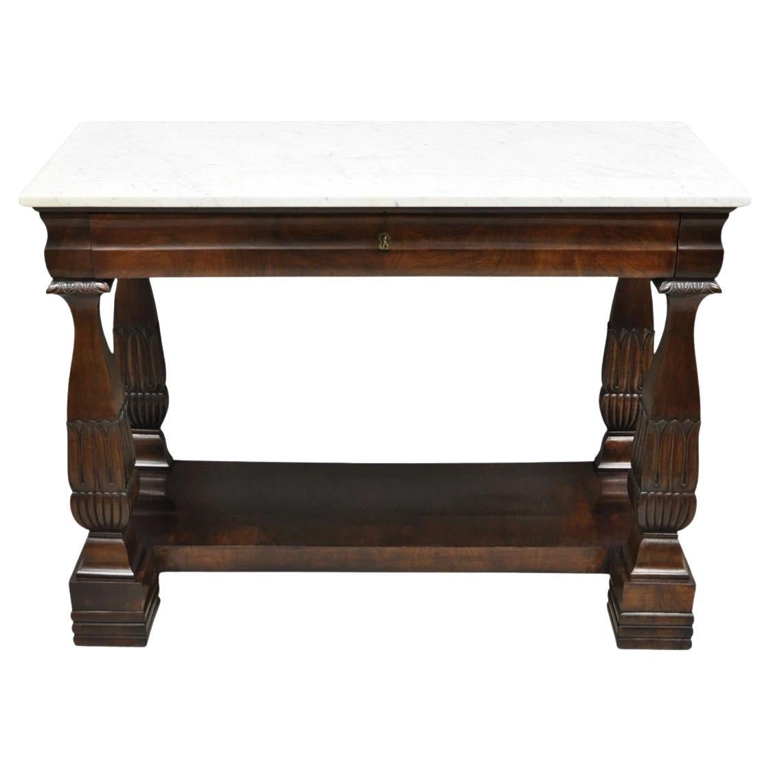 Antique French Empire Mahogany White Marble Top Console Hall Table w/ Drawer
