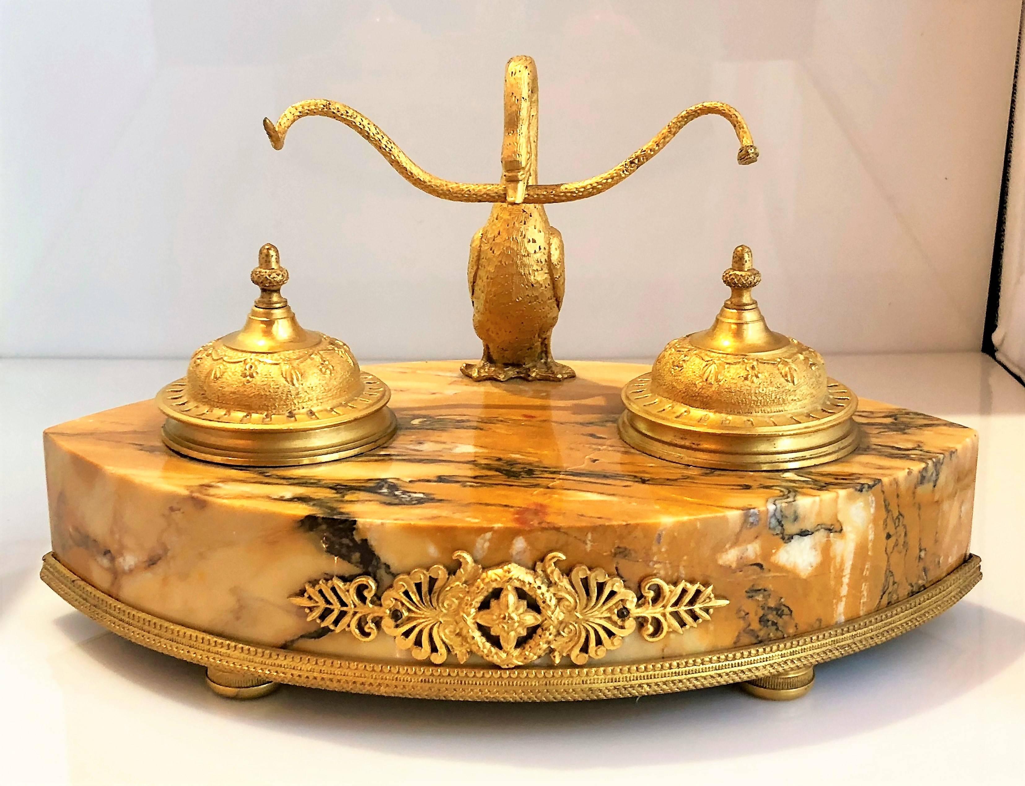Antique French Empire marble and bronze D'Ore Inkwell, circa 1870.
