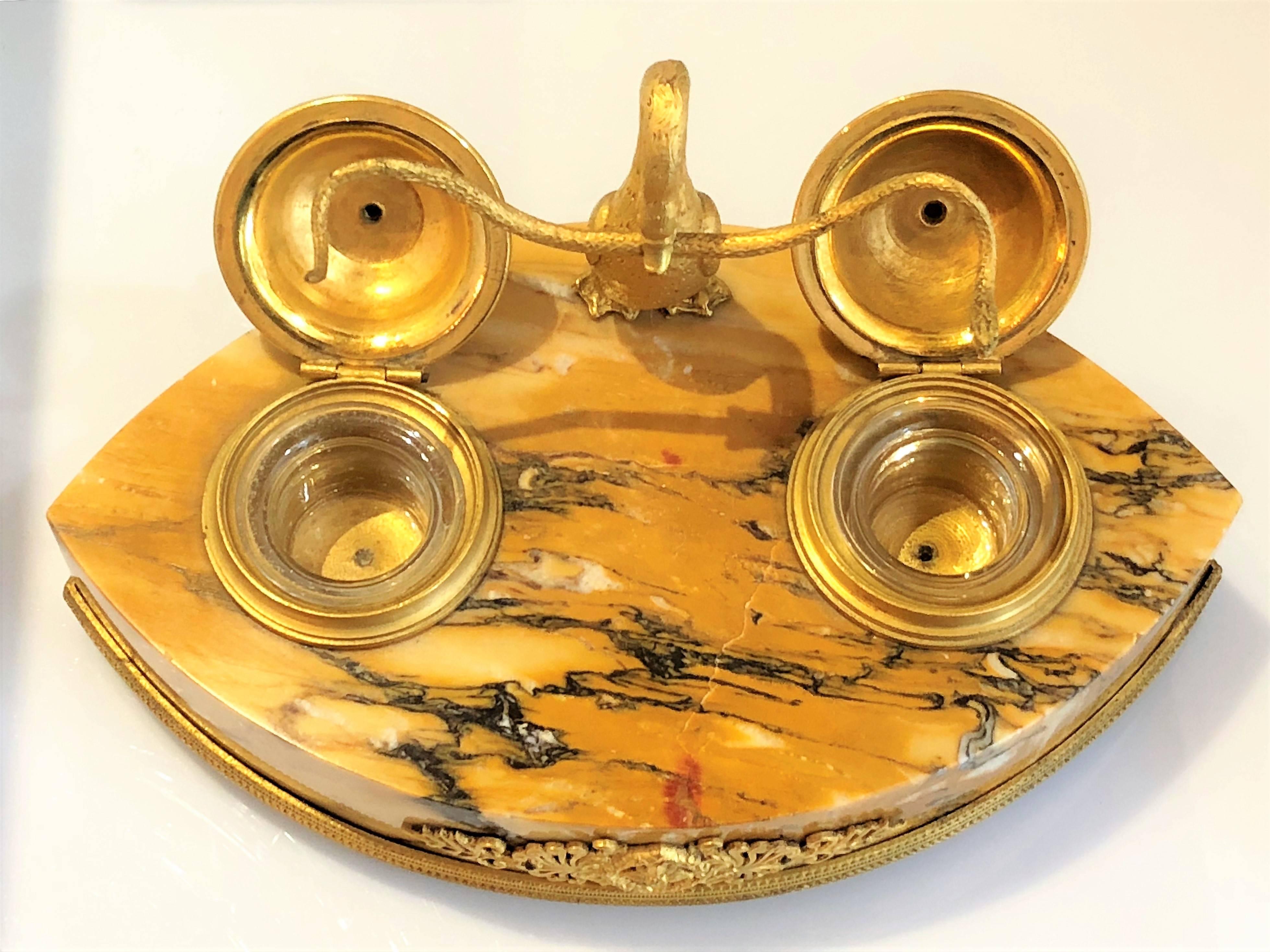 Antique French Empire Marble and Bronze D'Ore Inkwell, circa 1870 In Excellent Condition In New Orleans, LA