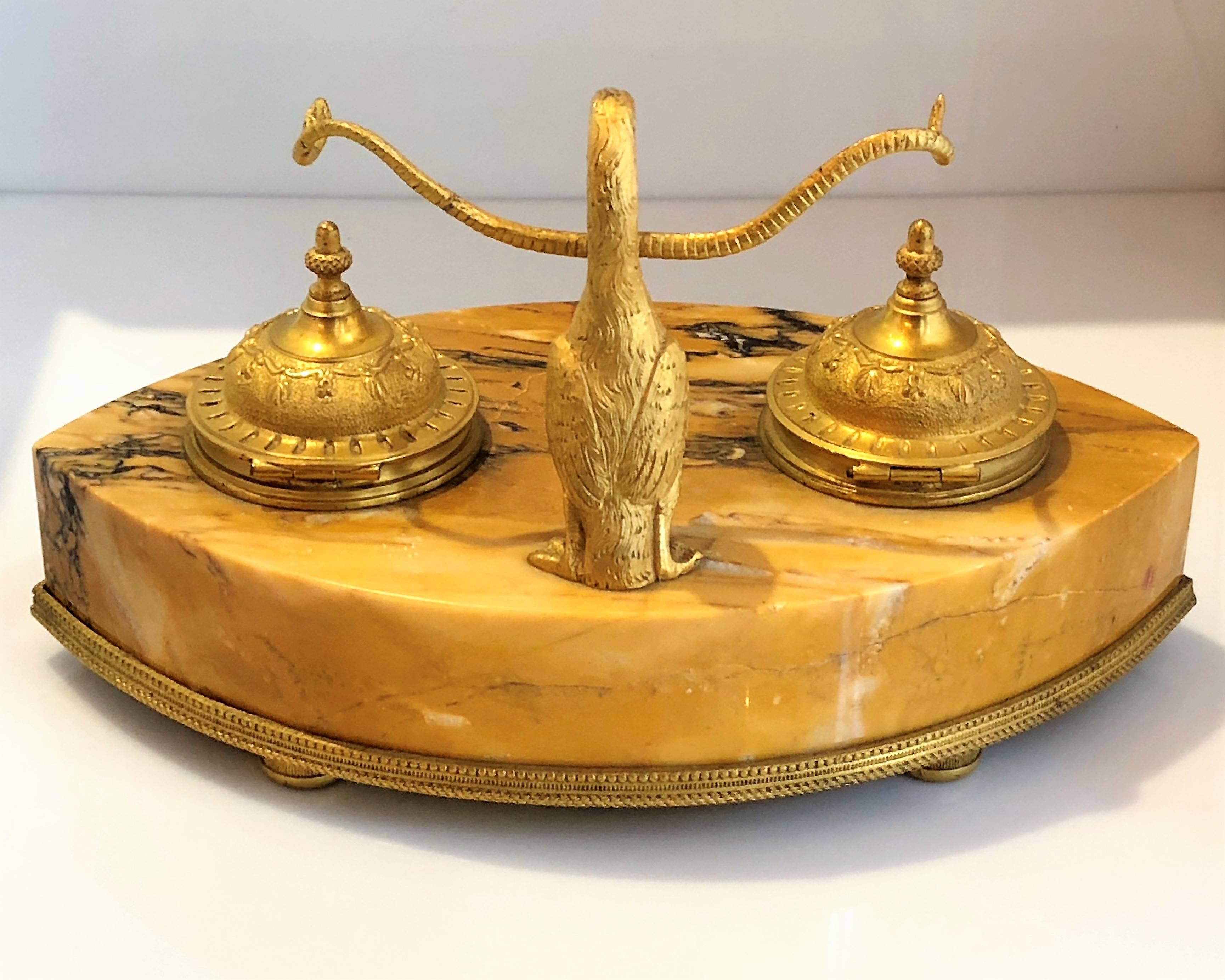 19th Century Antique French Empire Marble and Bronze D'Ore Inkwell, circa 1870