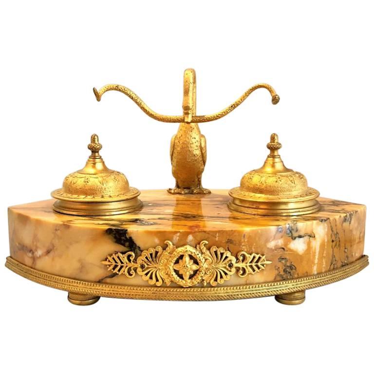 Antique French Empire Marble and Bronze D'Ore Inkwell, circa 1870