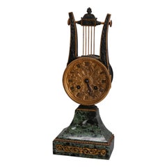 Antique French Empire Marble and Bronze Ormolu Lyre Form Mantel Clock circa 1820