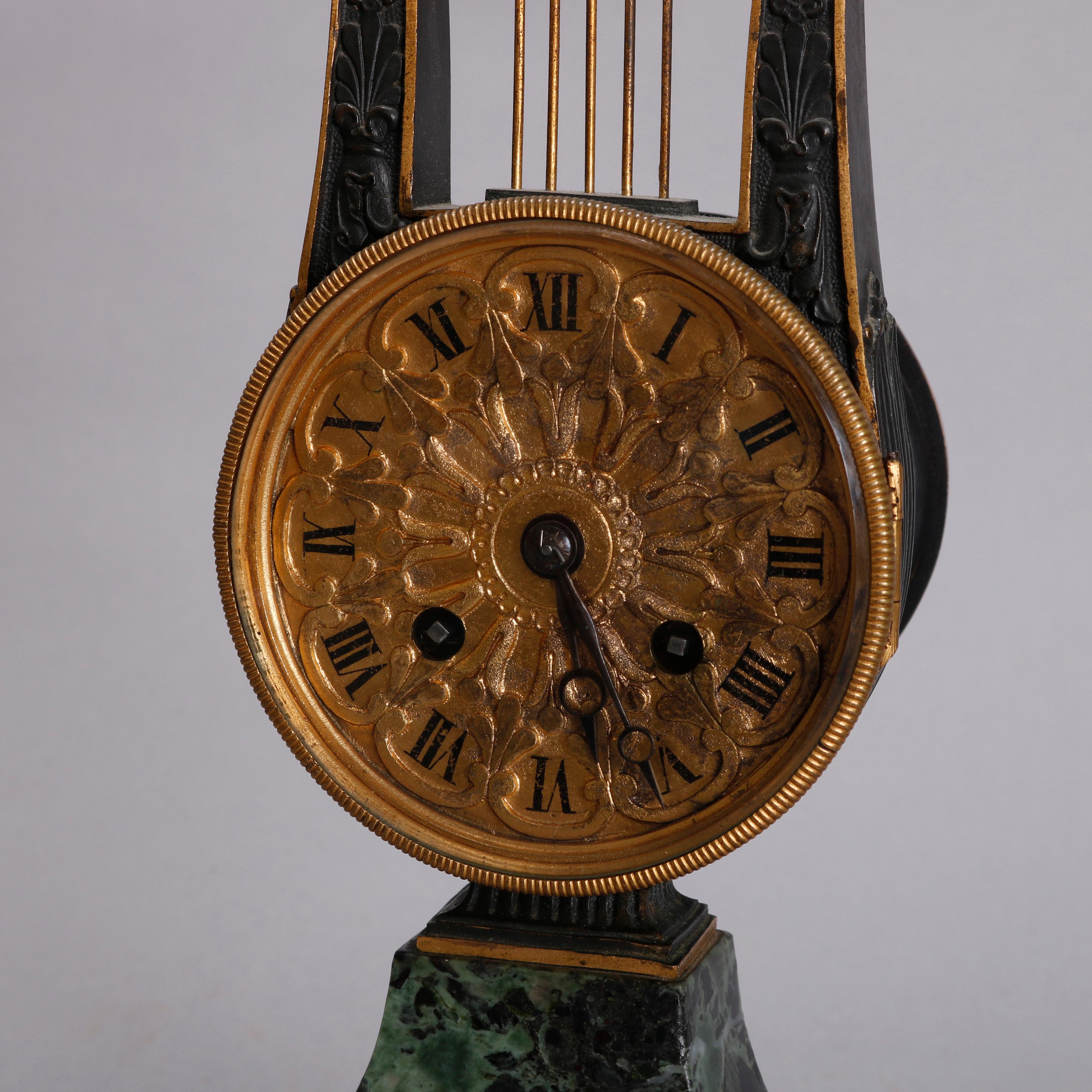 Antique French Empire Marble and Bronze Ormolu Lyre Form Mantel Clock circa 1820 In Good Condition In Big Flats, NY