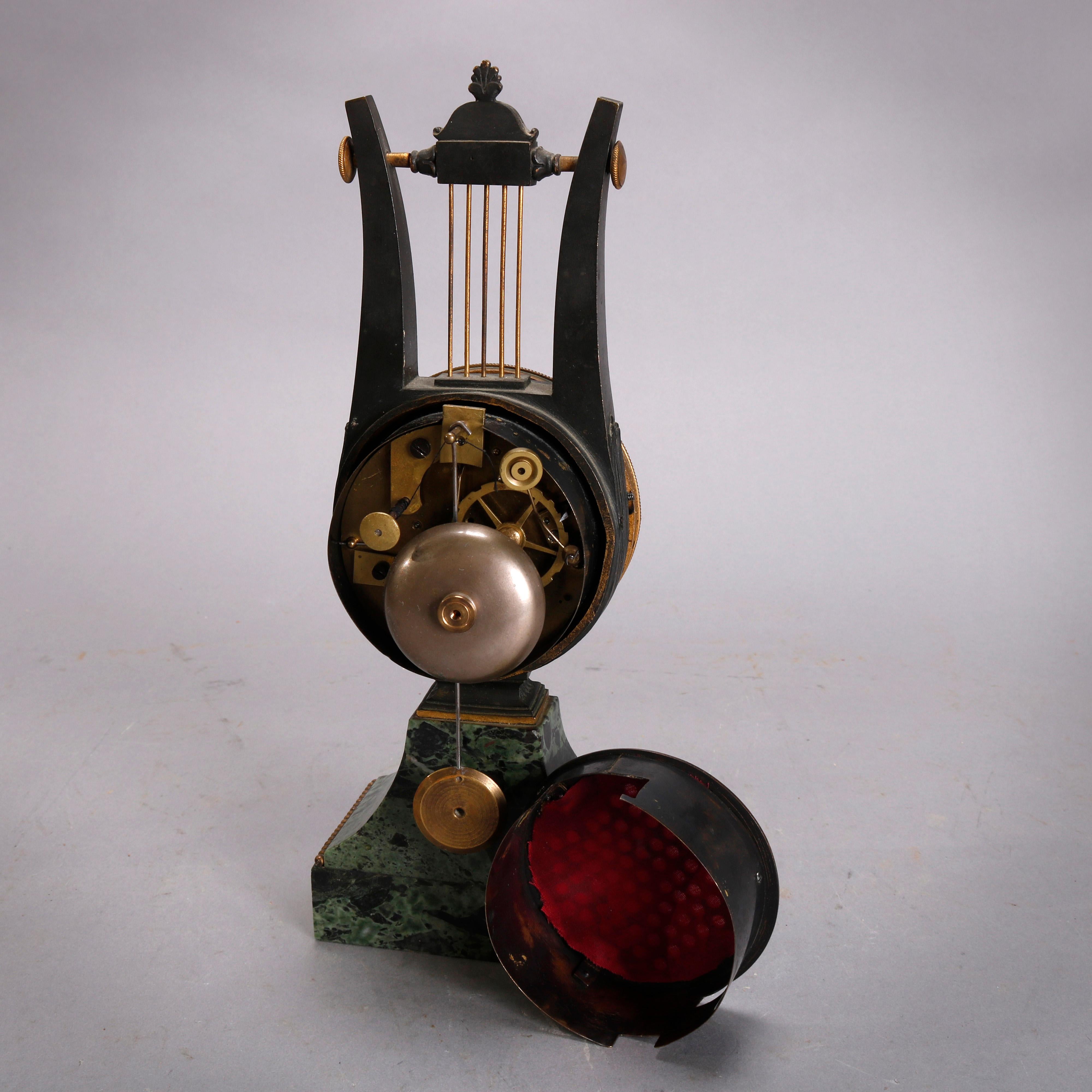 Antique French Empire Marble and Bronze Ormolu Lyre Form Mantel Clock circa 1820 1