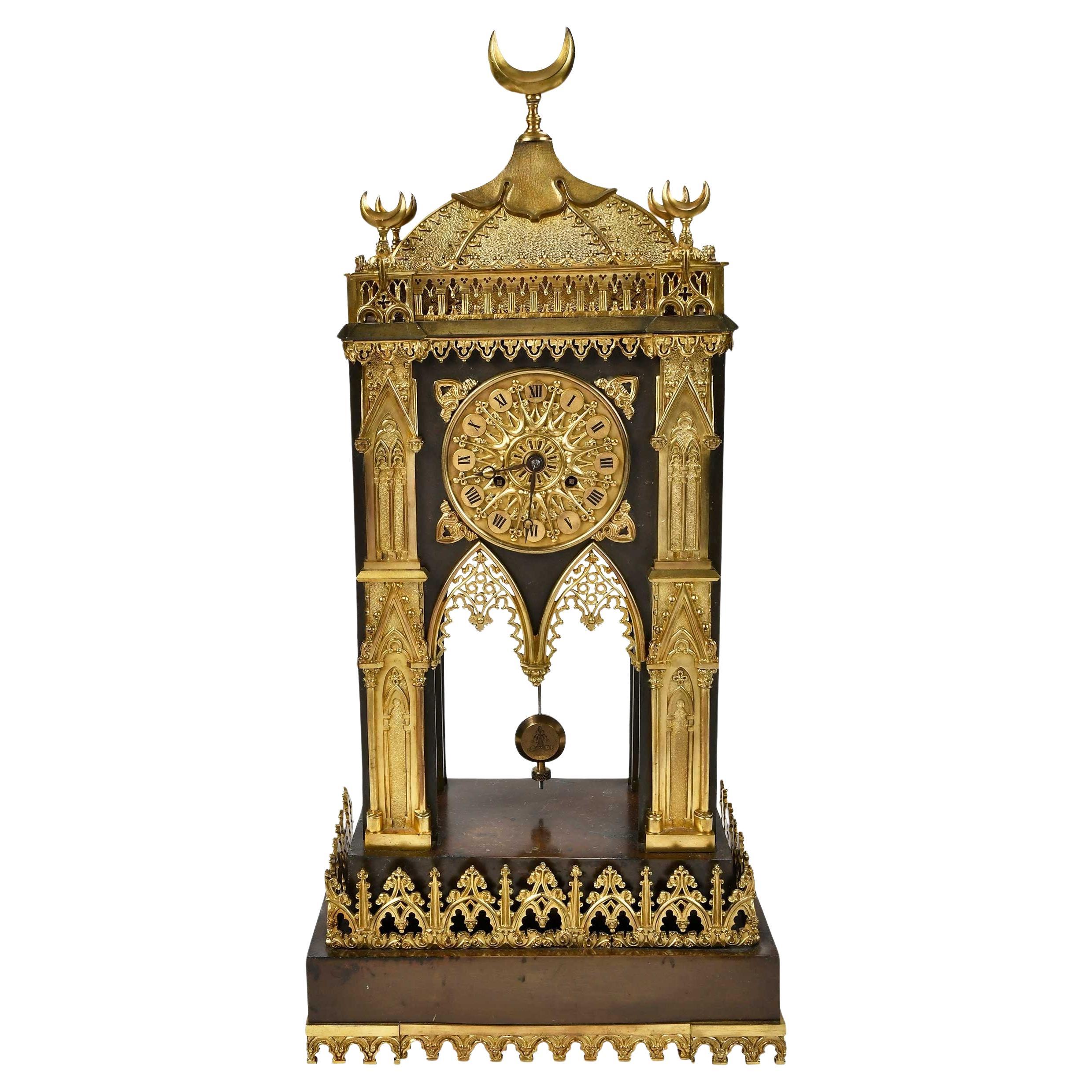 Antique French Empire Moorish Revival Style Bronze Mantel Clock
