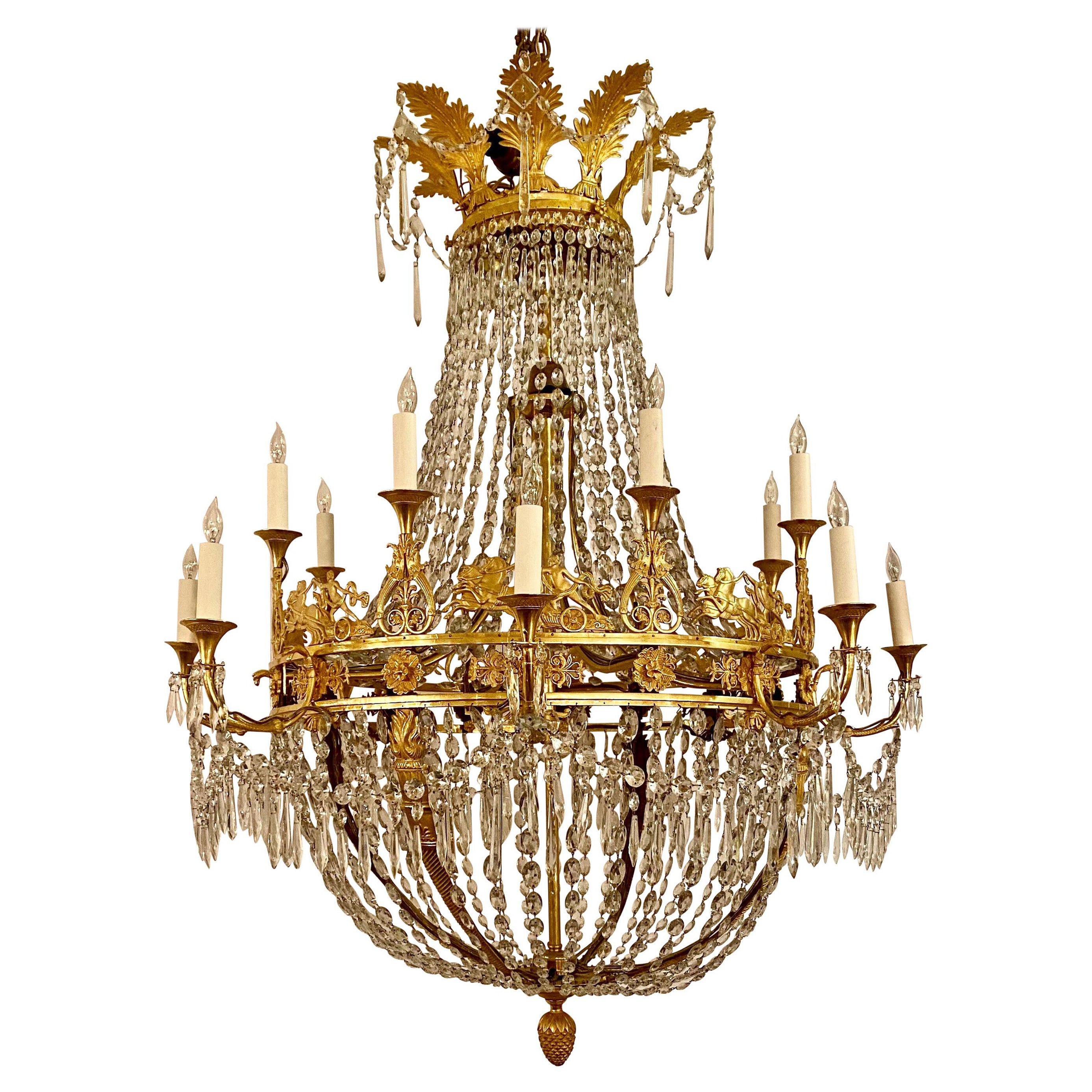Antique lustre Empire français de qualité muséale en bronze d' Ore et cristal, vers 1880