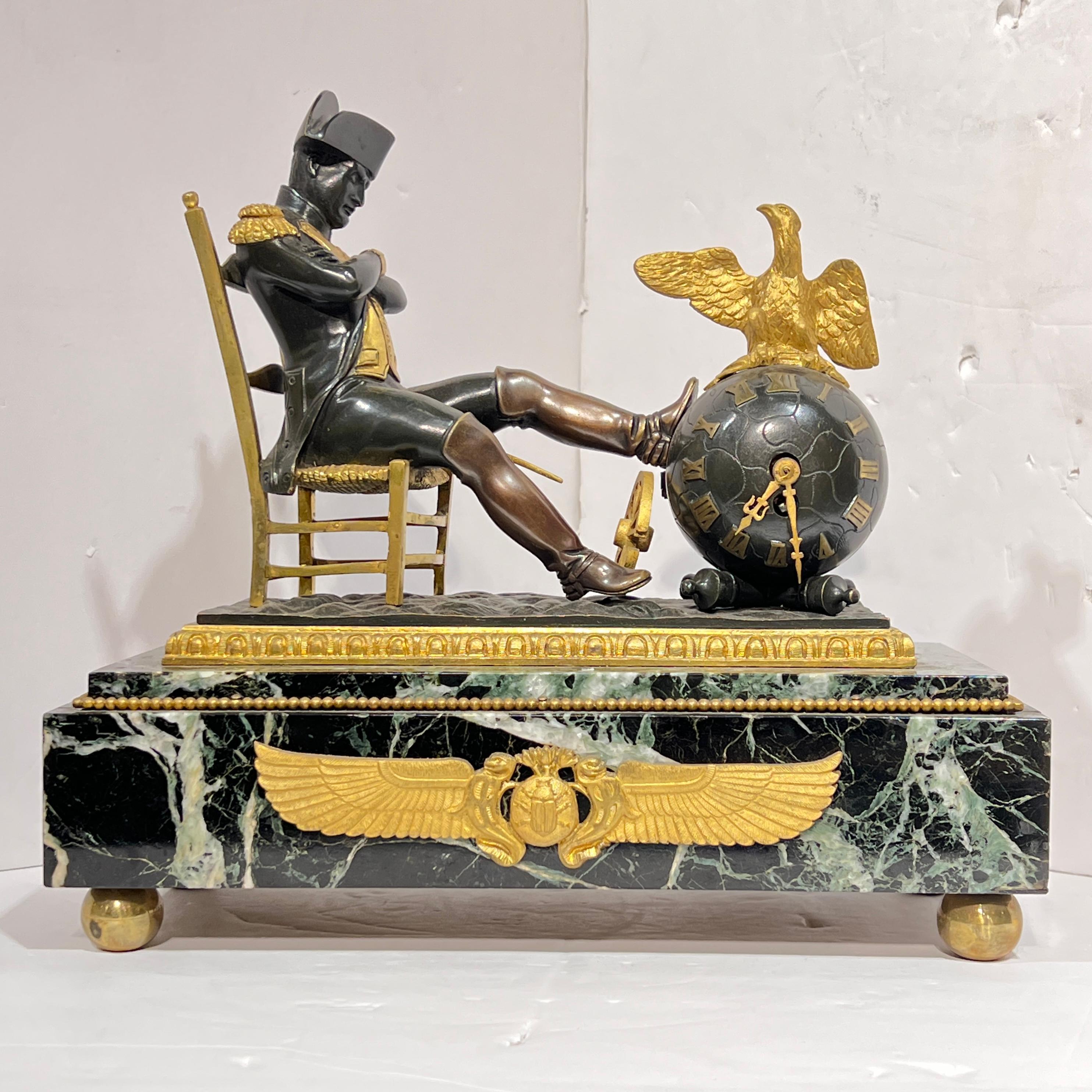 Empire Revival Antique French Empire Napoleonic Mantel Clock and Candelabra Set For Sale