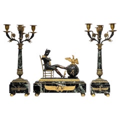 Antique French Empire Napoleonic Mantel Clock and Candelabra Set