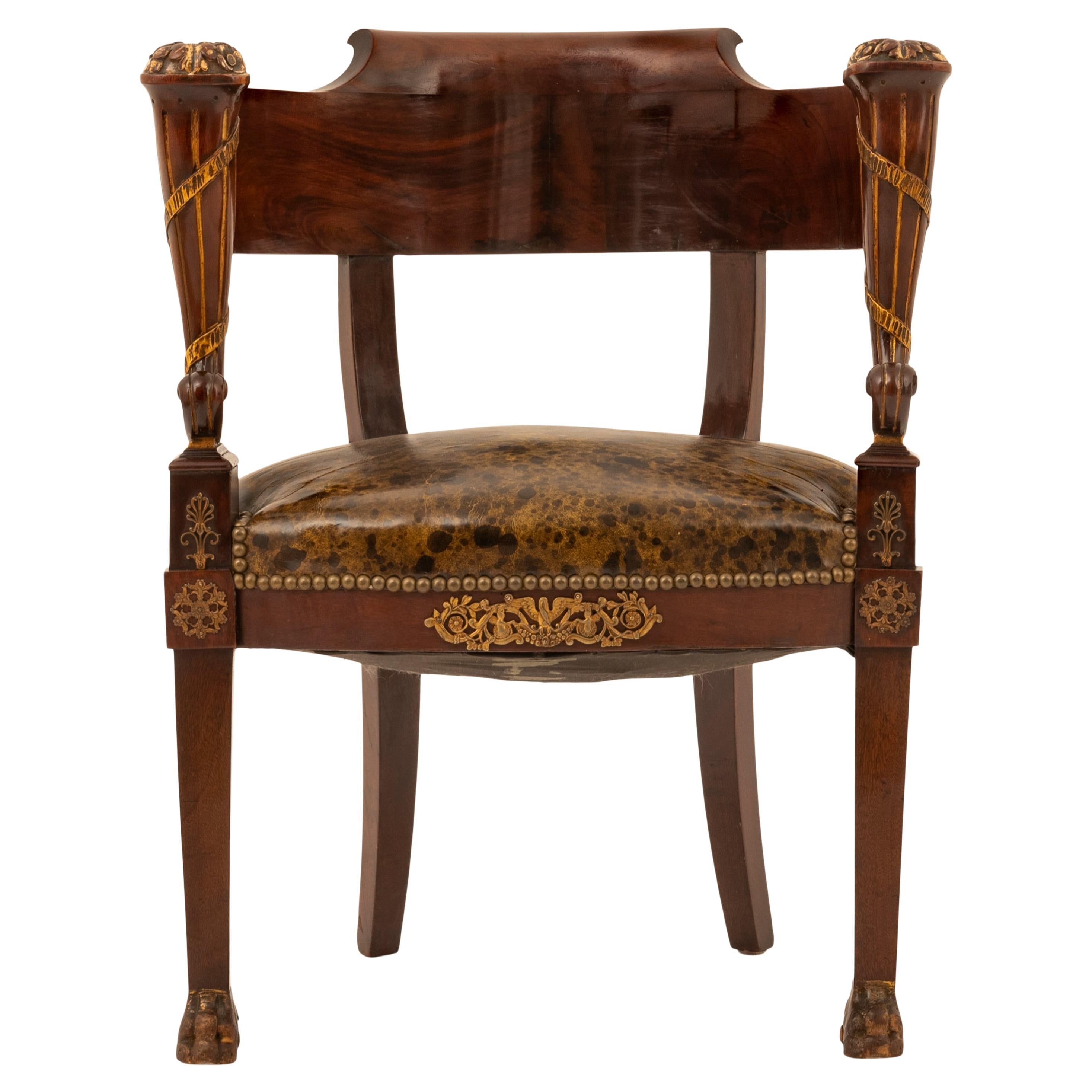 Antique French Empire Napoleonic Ormolu Parcel Gilt Bureau Desk Armchair, 1815 In Good Condition For Sale In Portland, OR