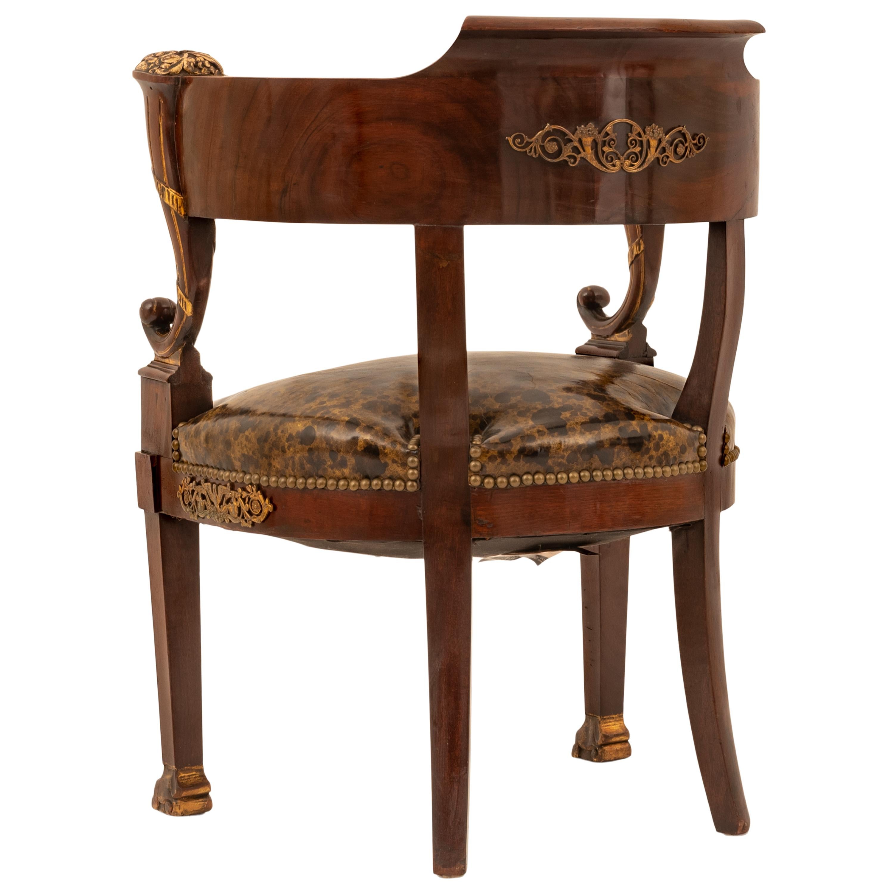 Early 19th Century Antique French Empire Napoleonic Ormolu Parcel Gilt Bureau Desk Armchair, 1815 For Sale
