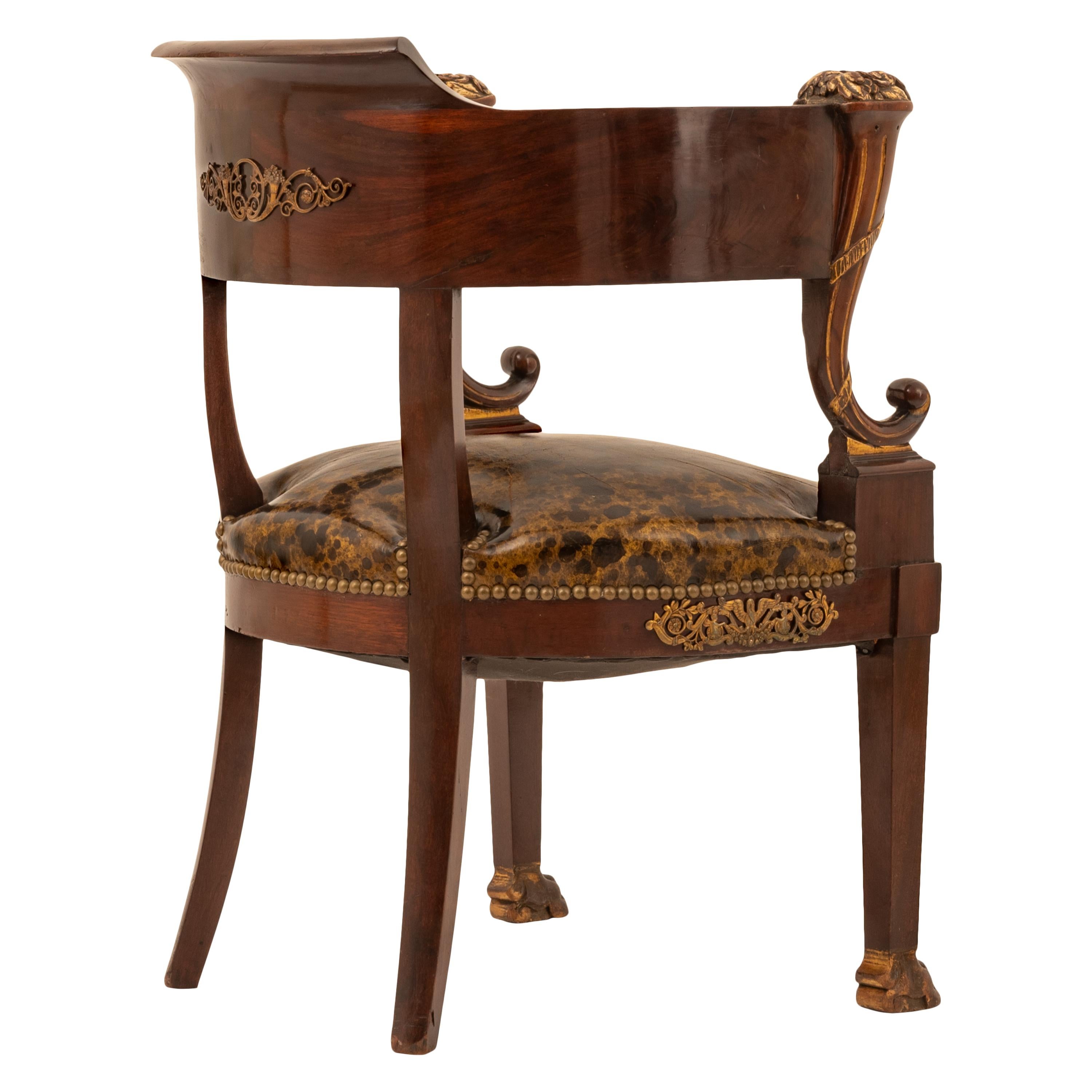 Leather Antique French Empire Napoleonic Ormolu Parcel Gilt Bureau Desk Armchair, 1815 For Sale