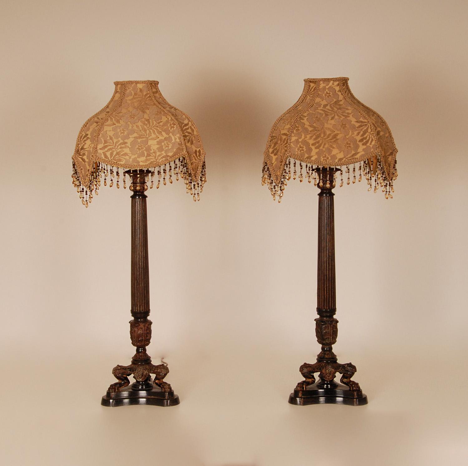 Silk Antique French Empire Napoleonic Table Lamps Lion Paws Cast Iron a pair 
