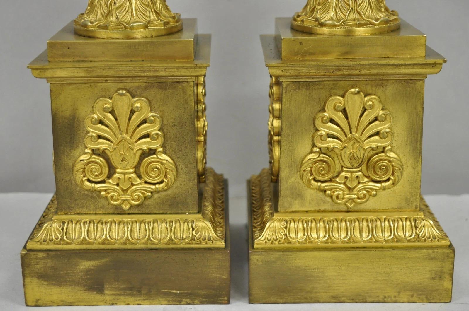 Antique French Empire Neoclassical Bronze Candlestick Column Table Lamps a Pair en vente 7