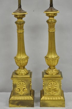 Antique French Empire Neoclassical Bronze Candlestick Column Table Lamps a Pair