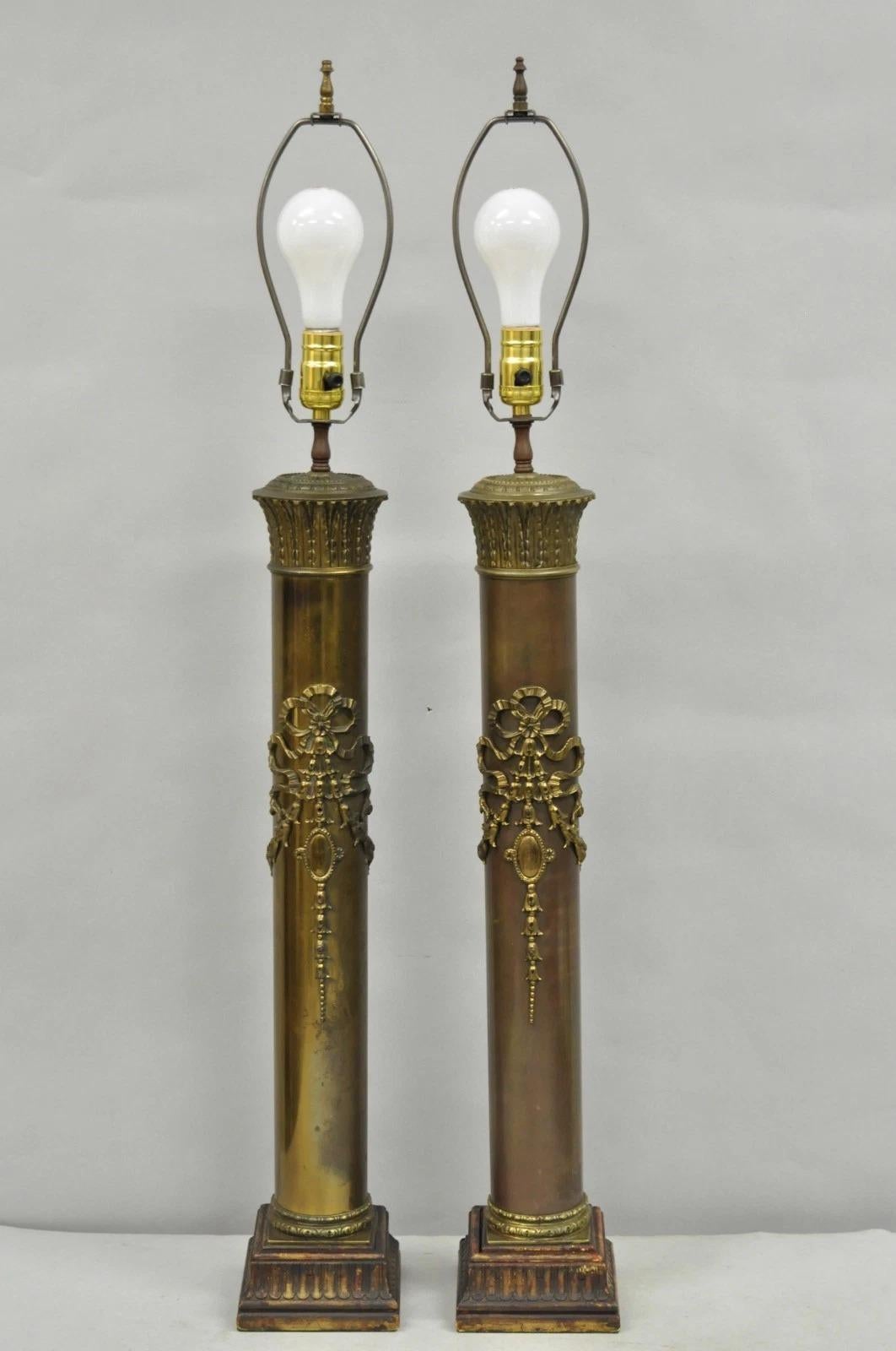 Antique French Empire Neoclassical Bronze Cylinder Tall Table Lamps - a Pair For Sale 8