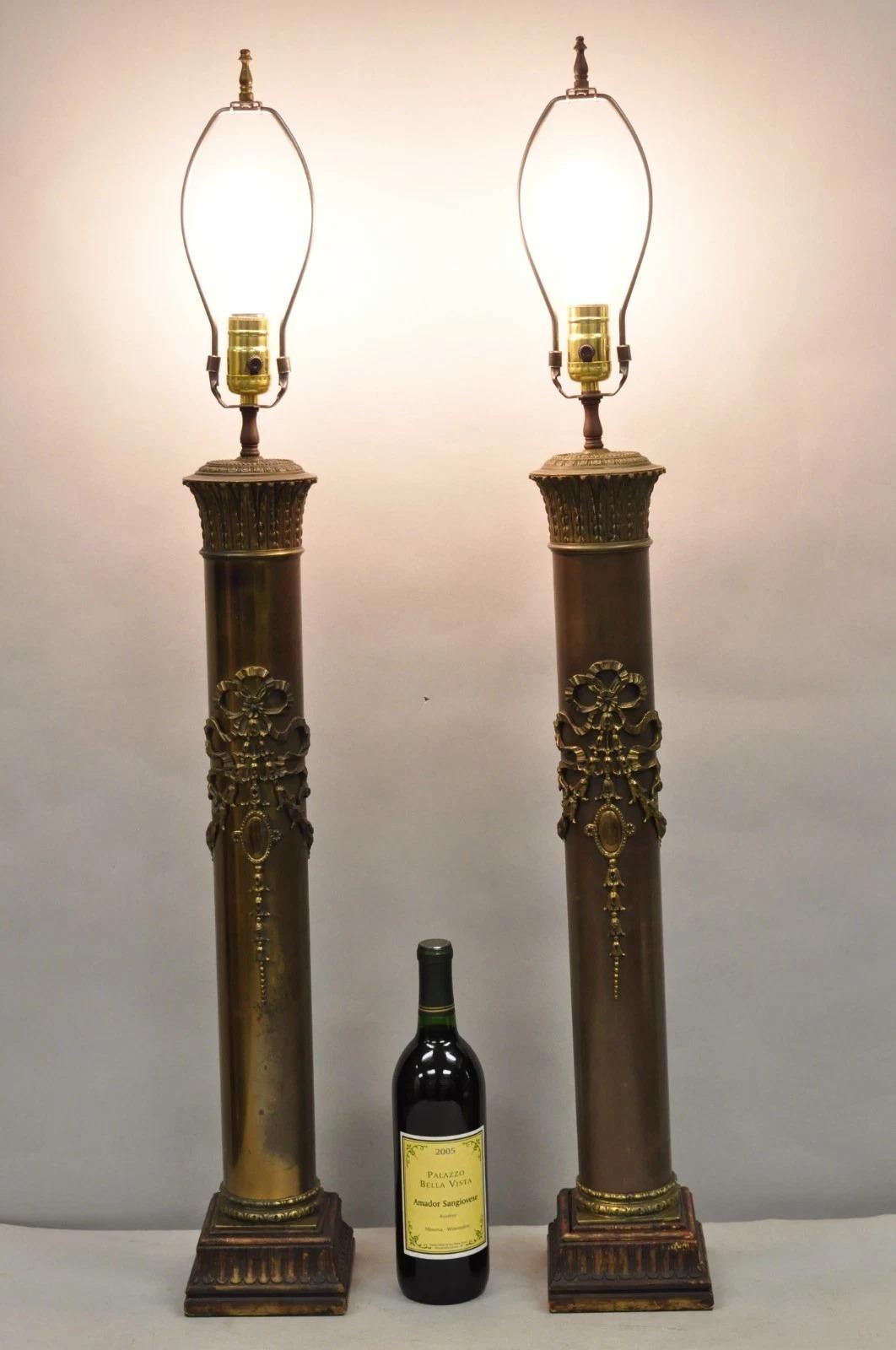Antique French Empire Neoclassical Patinated Bronze Cylinder Tall Table Lamps w/ Bronze Ribbon Ormolu and Raised on Carved Wooden Bases - a Pair. Circa Early 20th Century. Measurements: 39