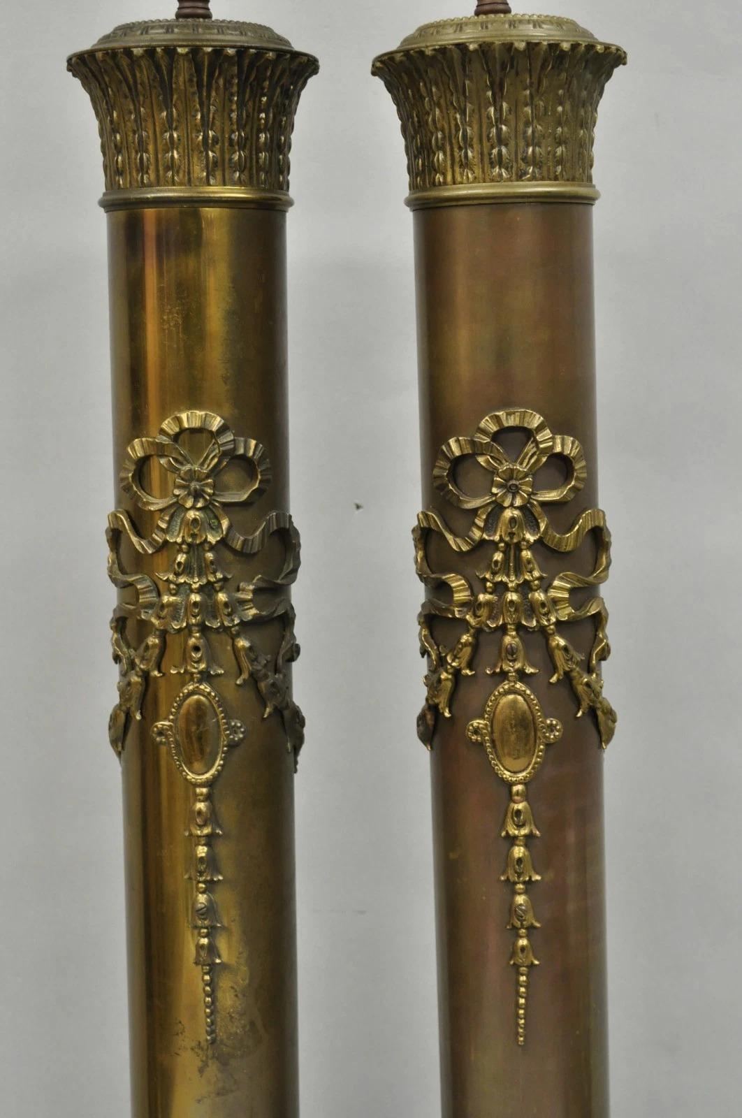 20th Century Antique French Empire Neoclassical Bronze Cylinder Tall Table Lamps - a Pair For Sale