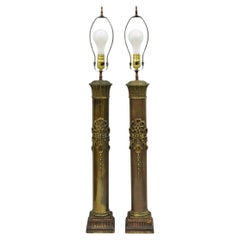 Antique French Empire Neoclassical Bronze Cylinder Tall Table Lamps - a Pair