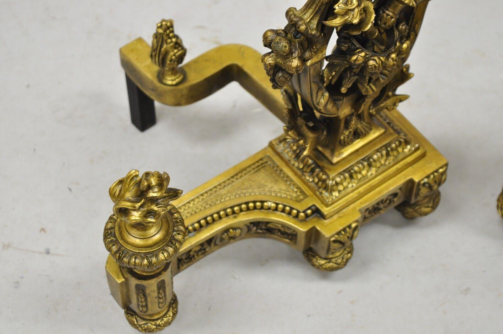 Bronzo Antique French Empire Neoclassical Bronze Figural Lyre Harp Andirons - una coppia in vendita
