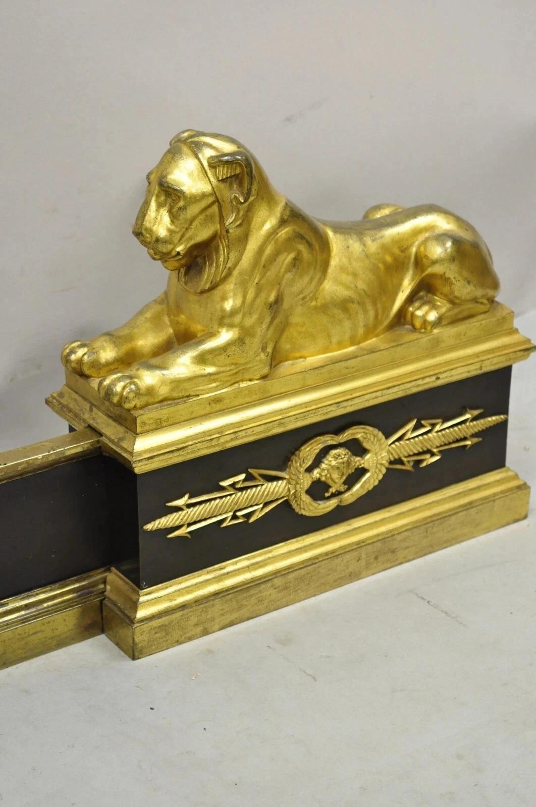 Antique French Empire Neoclassical Bronze Lion Andirons Chenet Fireplace Fender For Sale 5